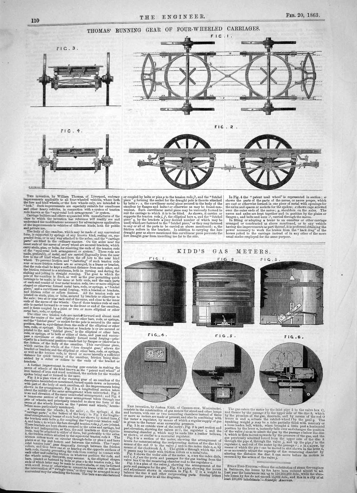 Old Print 1863 Thomas Running Gear Four-Wheeled Carriages Kidd Gas Meters 19th
