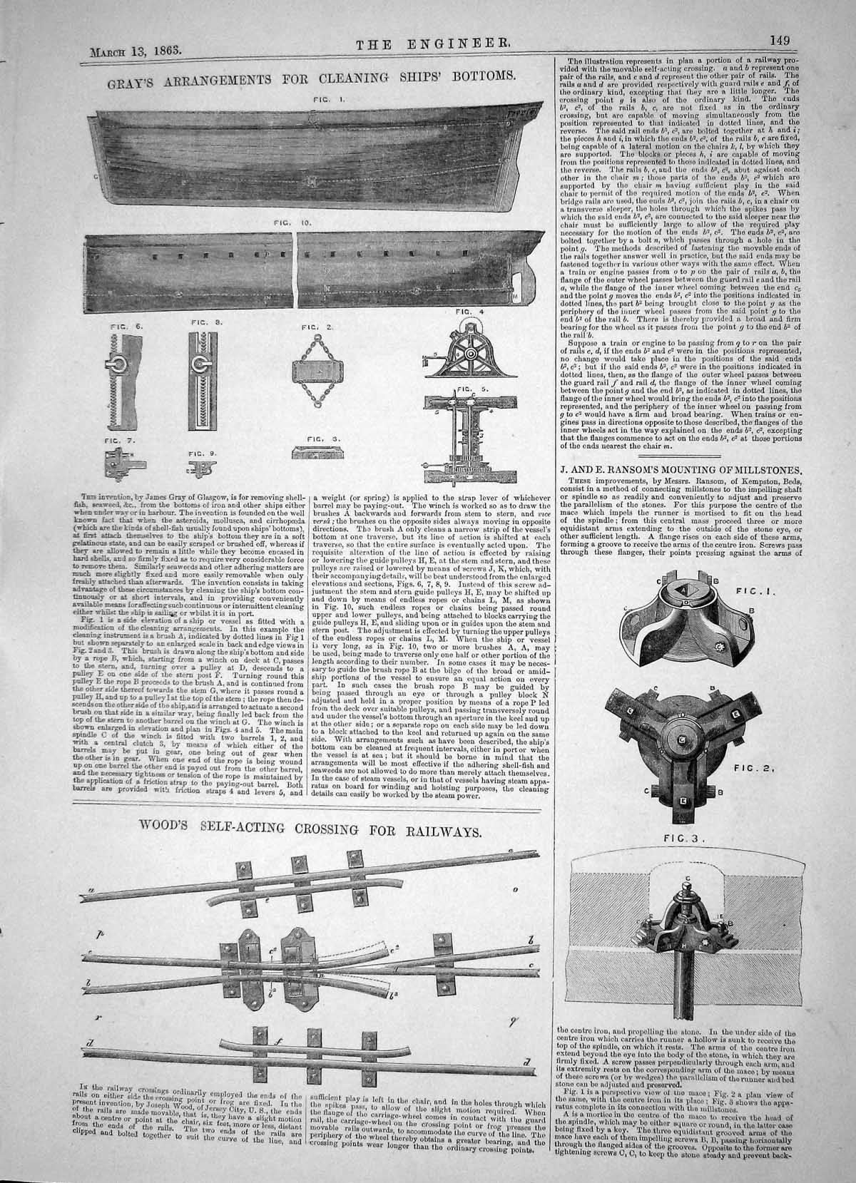 Old Print 1863 James Gray Arrangements Cleaning Ships Bottoms Wood Ransom 19th