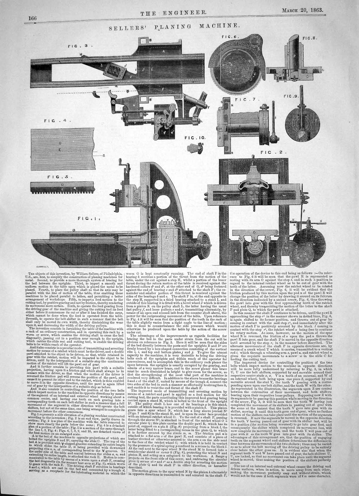 Antique Old Print Engineering 1863 Invention William Sellers Planing Machine