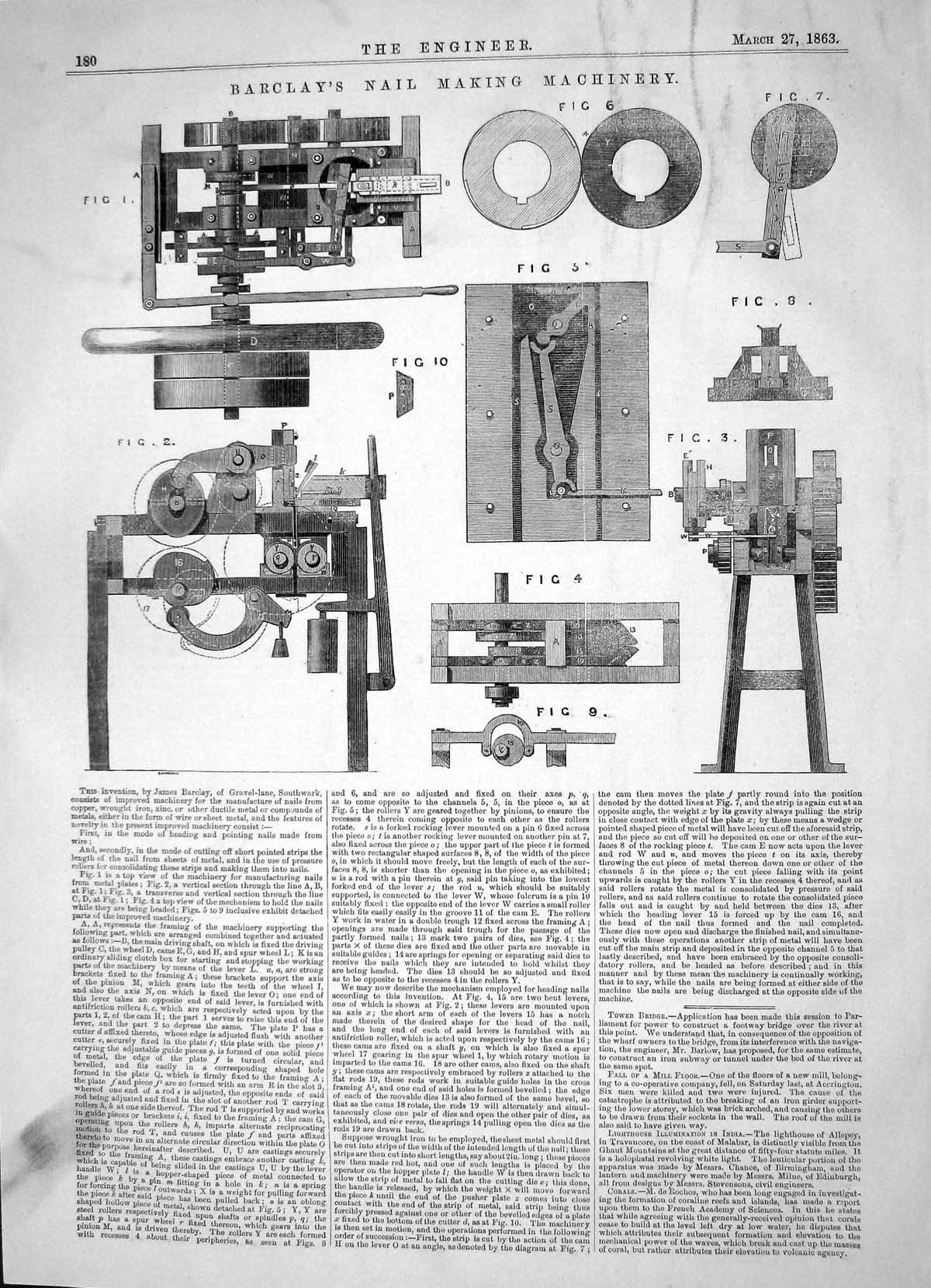 Old Print Engineering 1863 Invention James Barclay Nail Making Machinery 19th