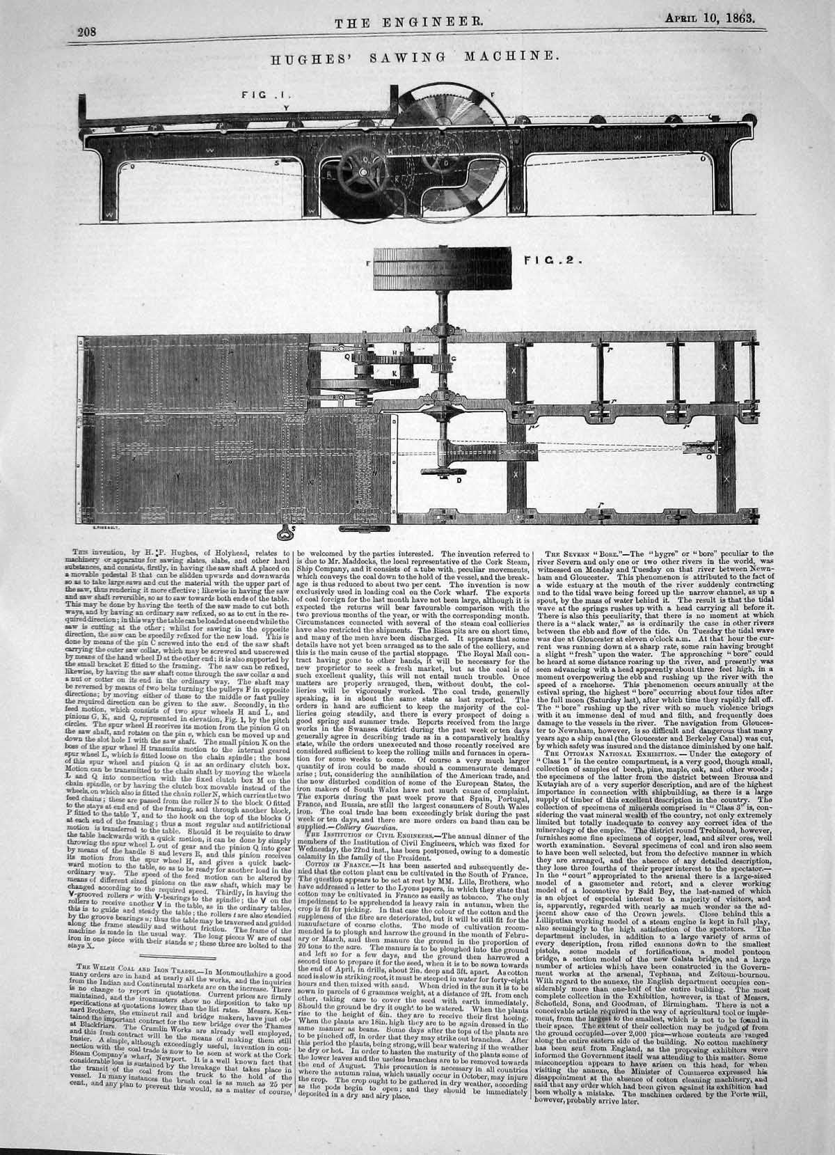 Antique Old Print Engineering 1863 Invention Hughes Sawing Machinery Holyhead
