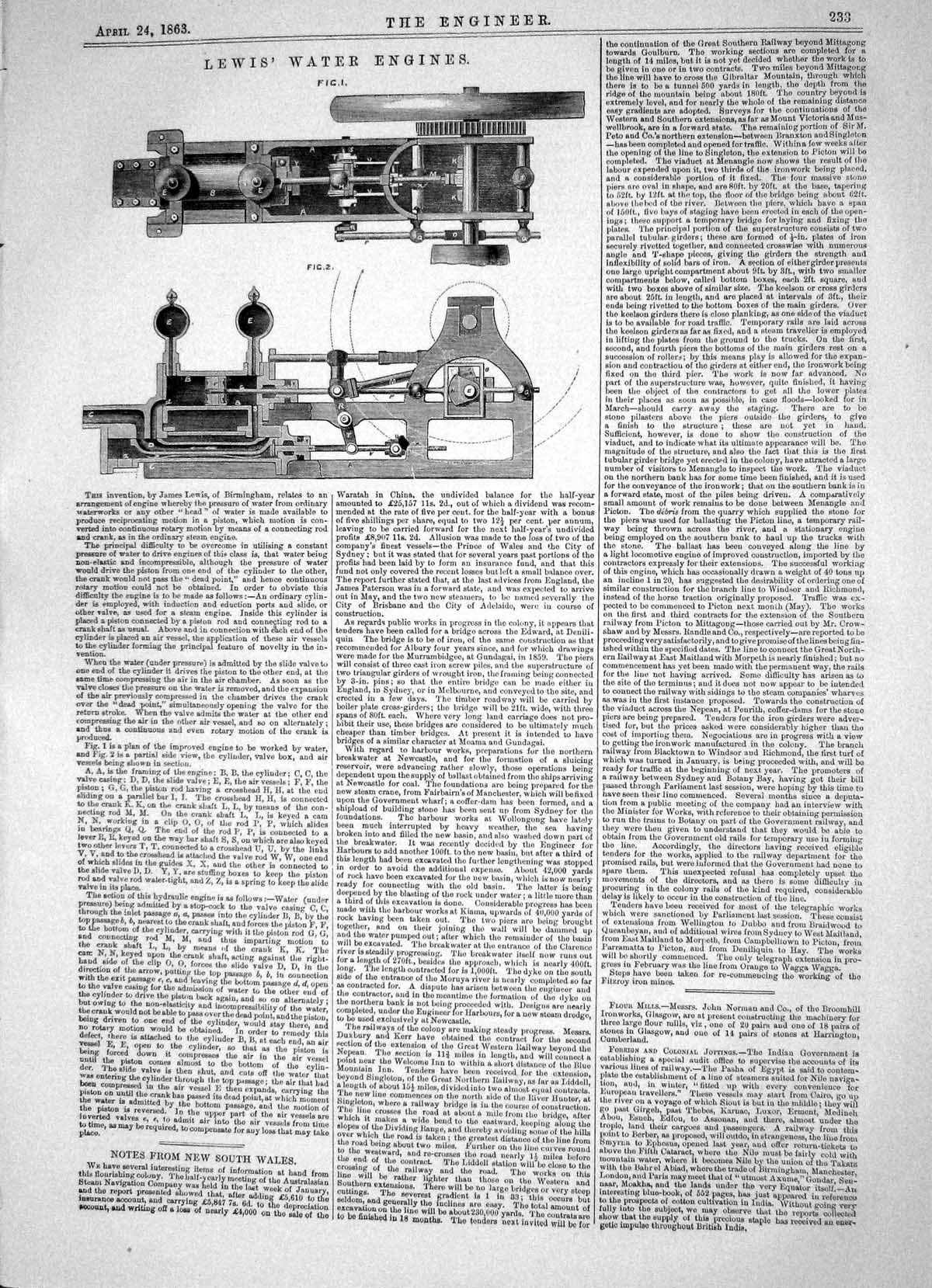 Old Print Engineering 1863 Invention James Lewis Water Engines Machinery 19th