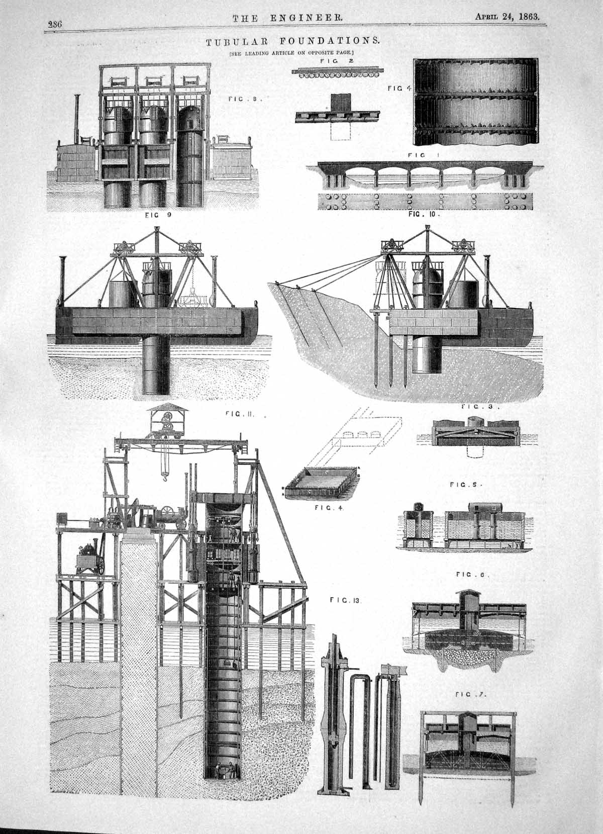 Original Old Antique Print Engineering 1863 Tubular Foundations Machinery 19th