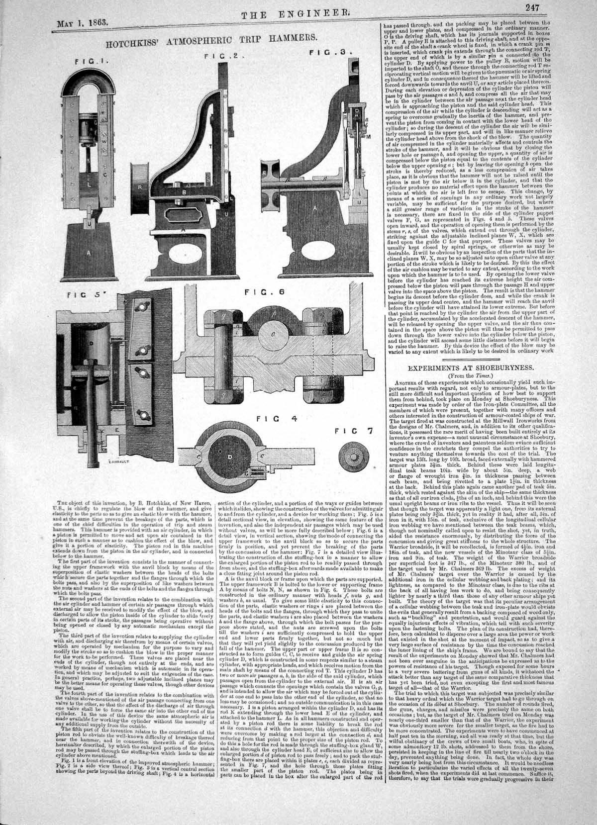 Antique Print Invention Hotchkiss Atmospheric Trip Hammers Engineering 1863