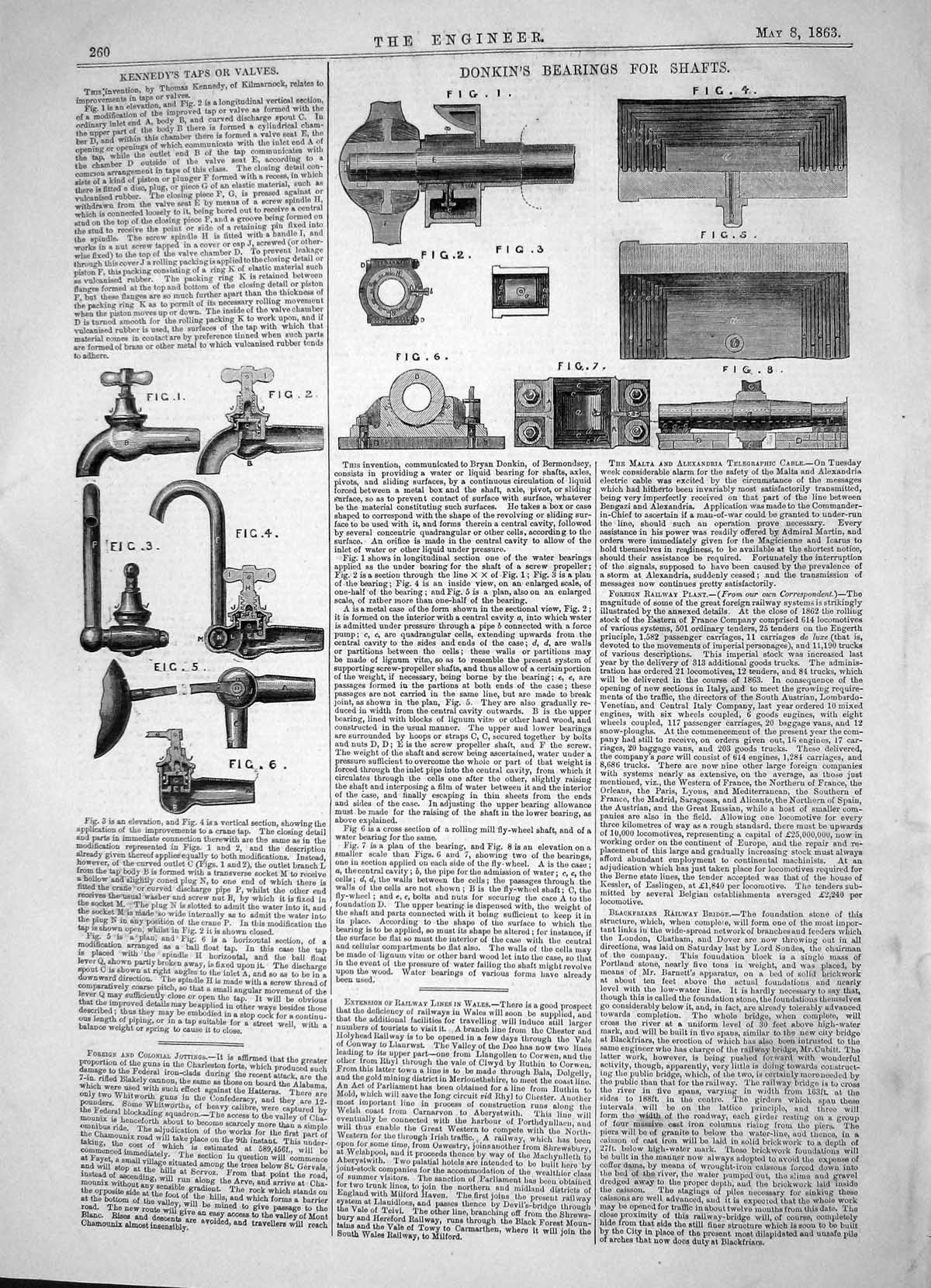 Antique Print 1863 Thomas Kennedy Taps Valves Bryan Donkin Bearings Shafts 19th