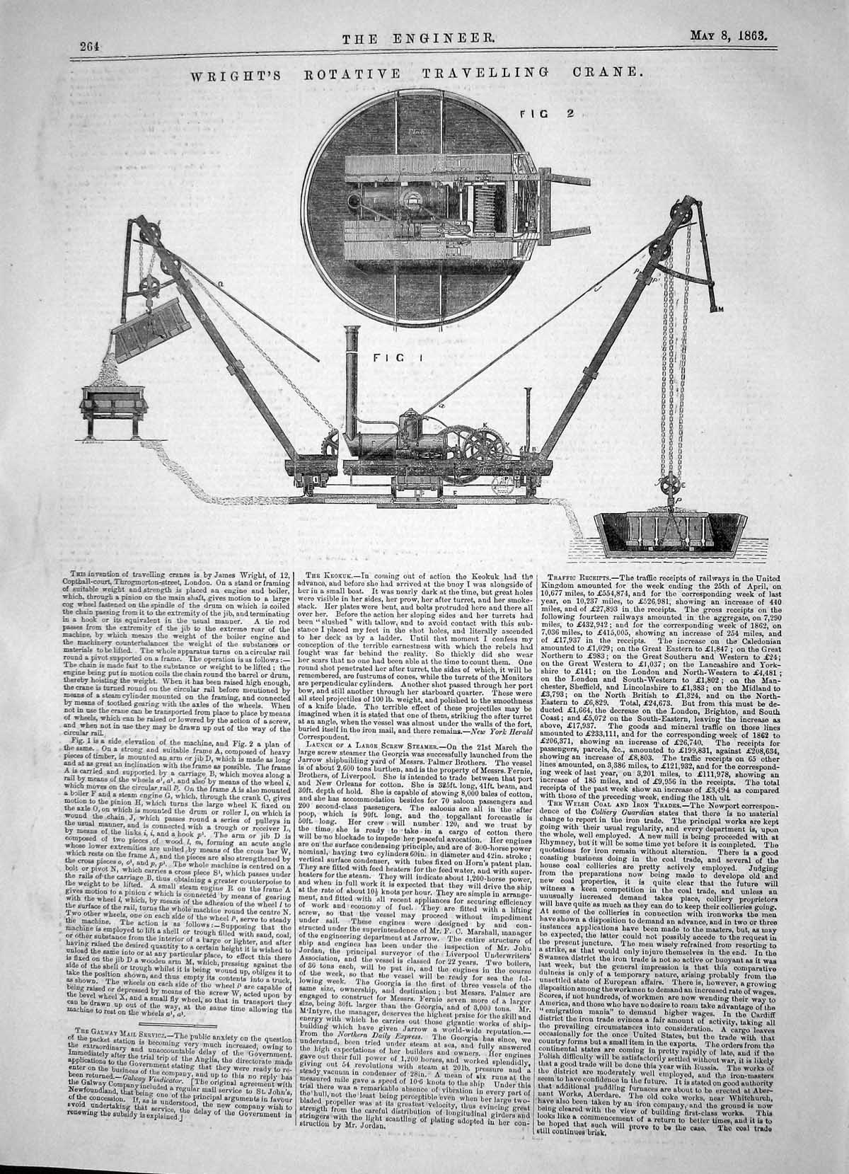Old Invention James Wright Rotative Travelling Crane Engineering 1863 Victorian