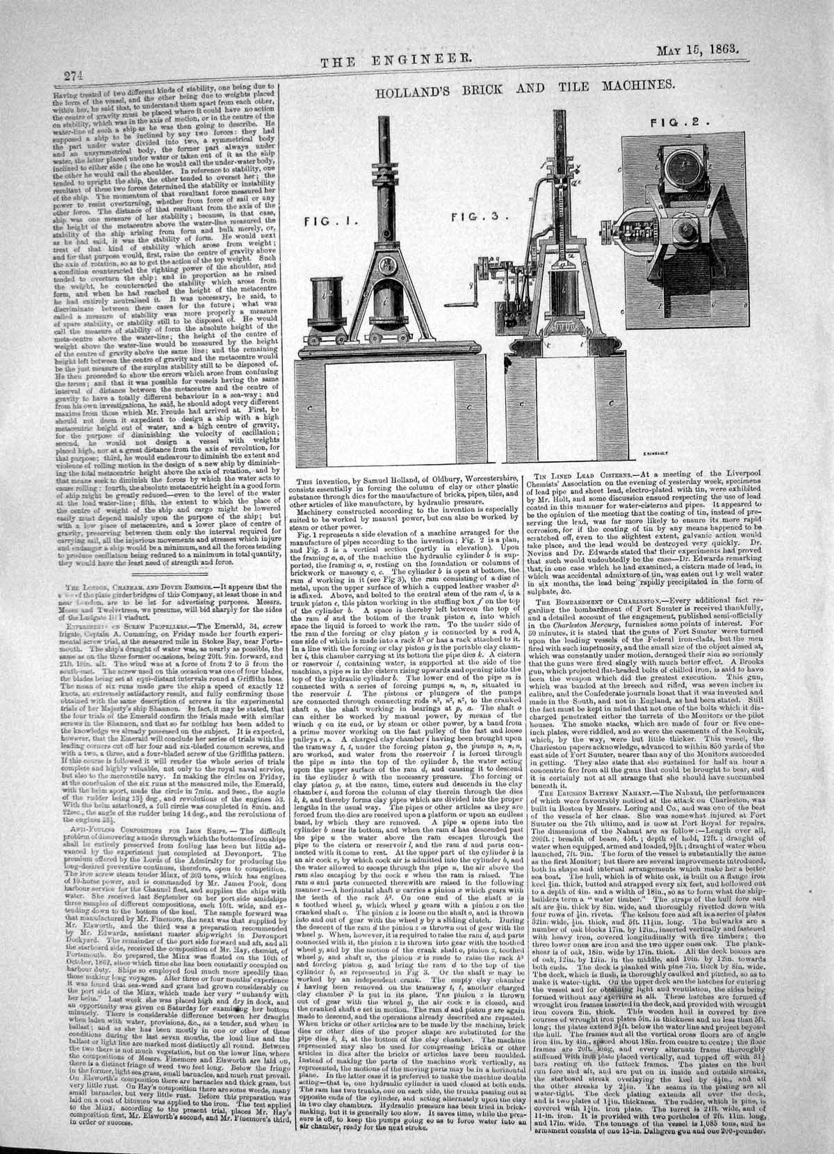 Antique Print Engineering 1863 Invention Samuel Holland Brick Tile Machines