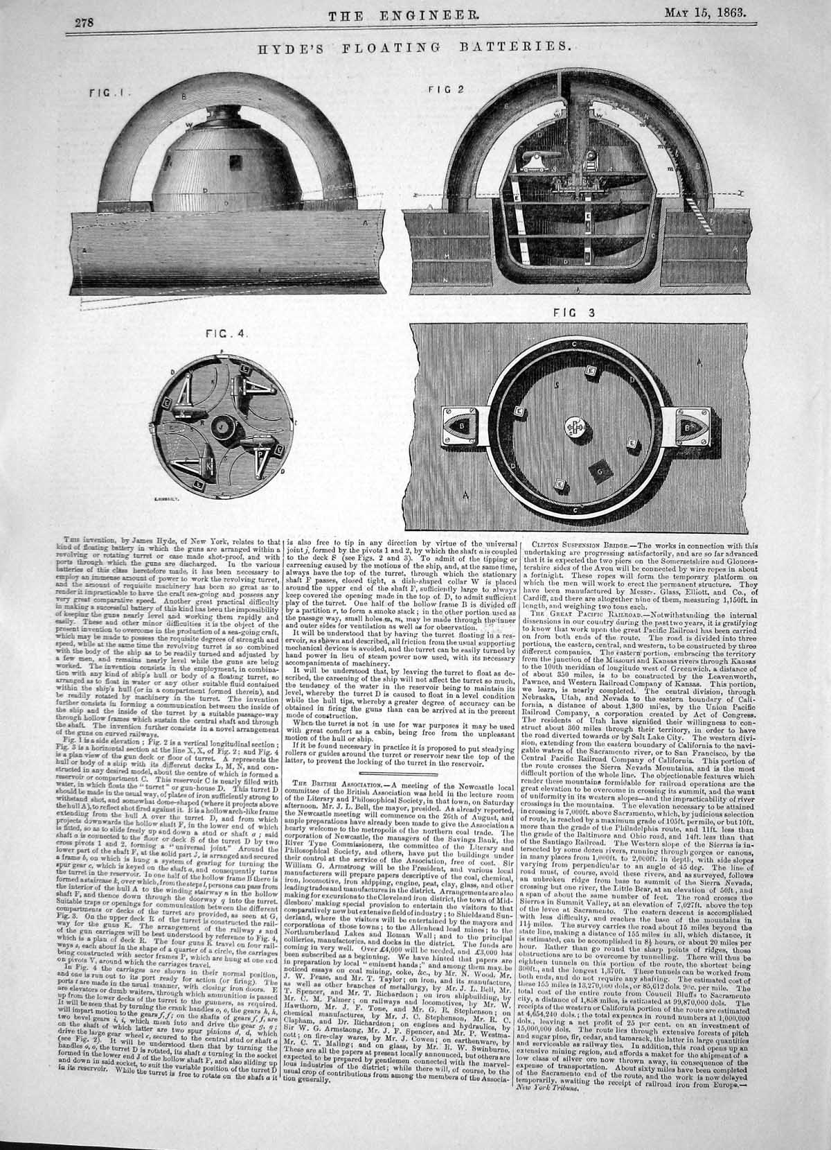 Old Engineering 1863 Invention James Hyde Floating Apparatus Machiner Victorian