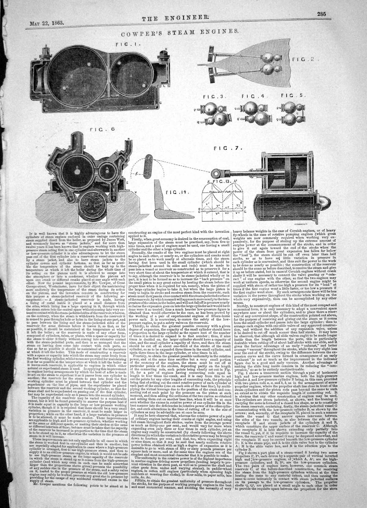 Old Engineering 1863 Cowper Steam Engines Machinery Low-Pressure Cyli Victorian