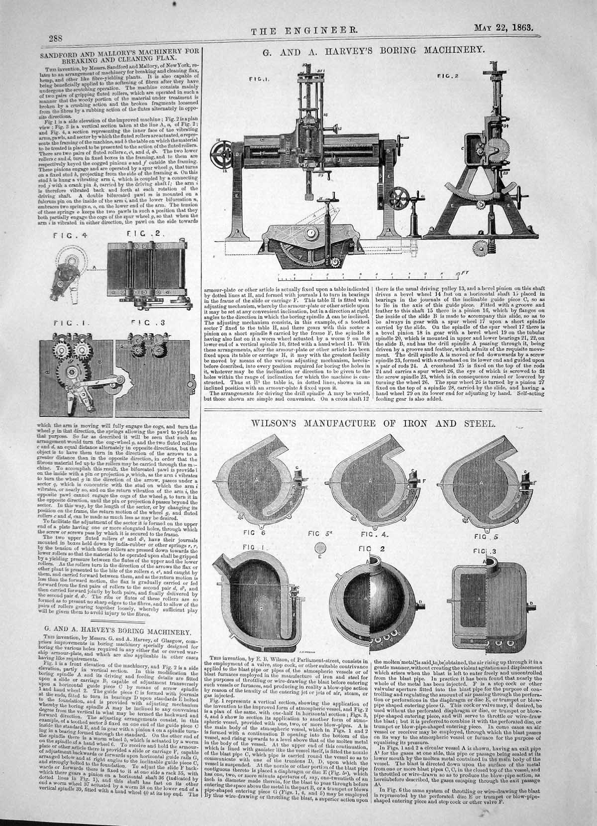 Old Print 1863 Harvey Boring Machinery Sandford Mallory Wilson Iron Steel 19th