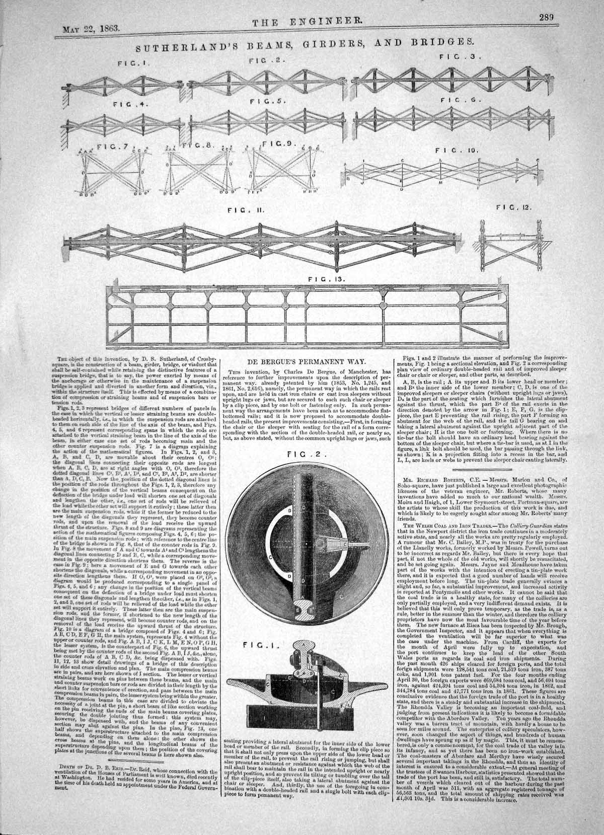 Antique Old Print 1863 Sutherland Beams Girders Bridges Bergue Permanent Way