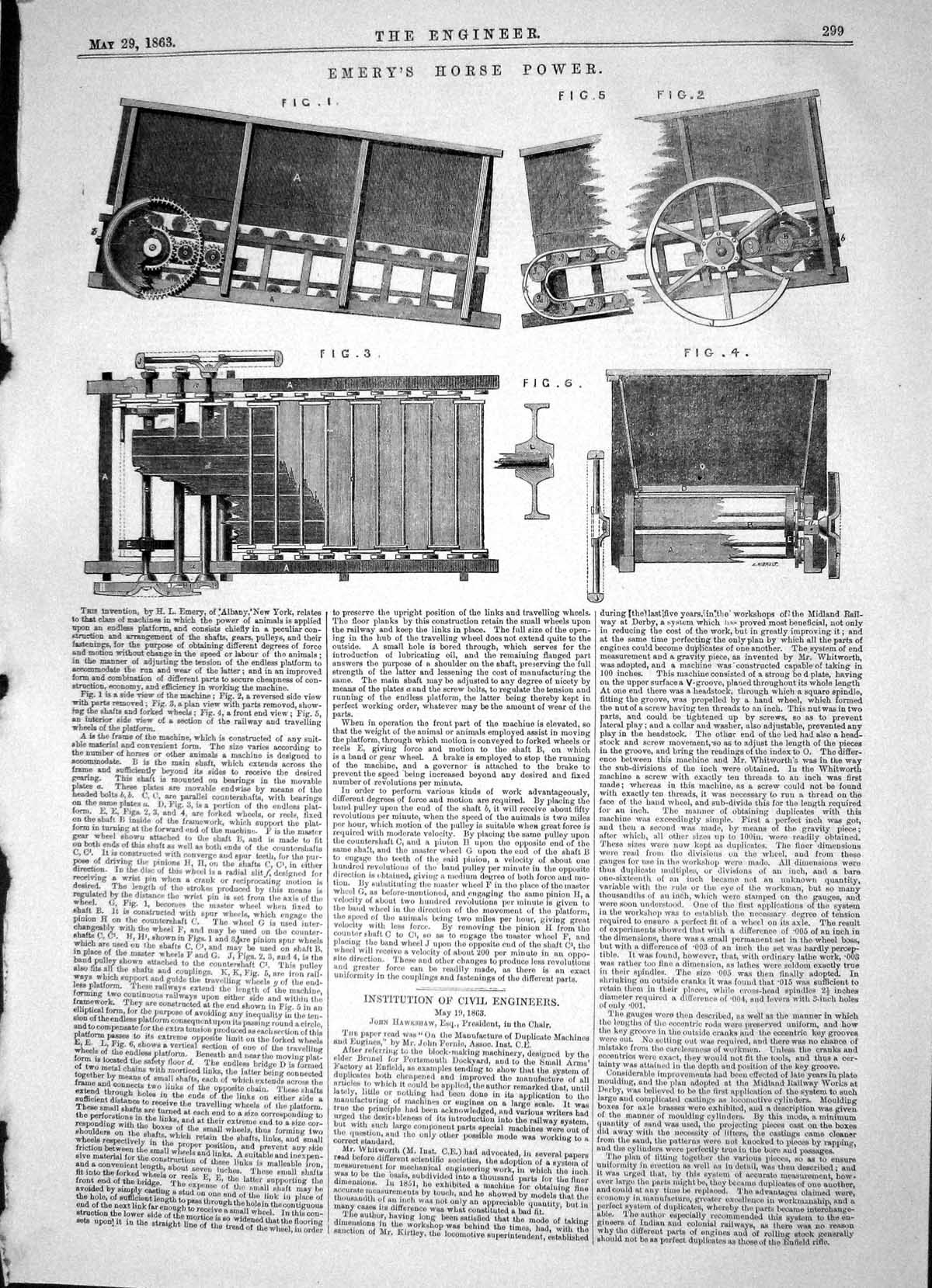Antique Old Print Invention Emery Horse Power Machinery 1863 Albany New York