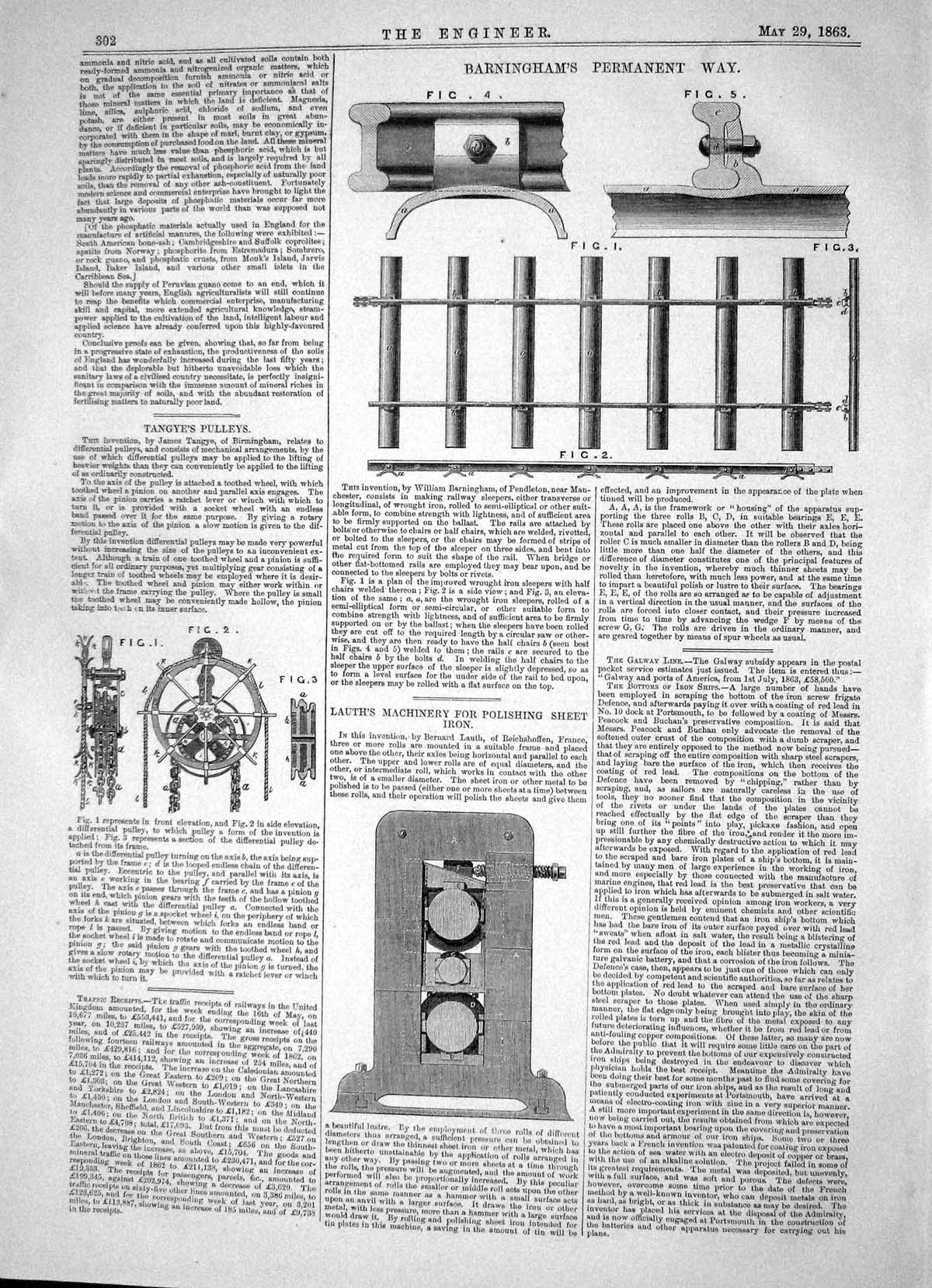 Antique Old Print 1863 Barningham Permanent Way Tangye Pulley Lauth Machinery