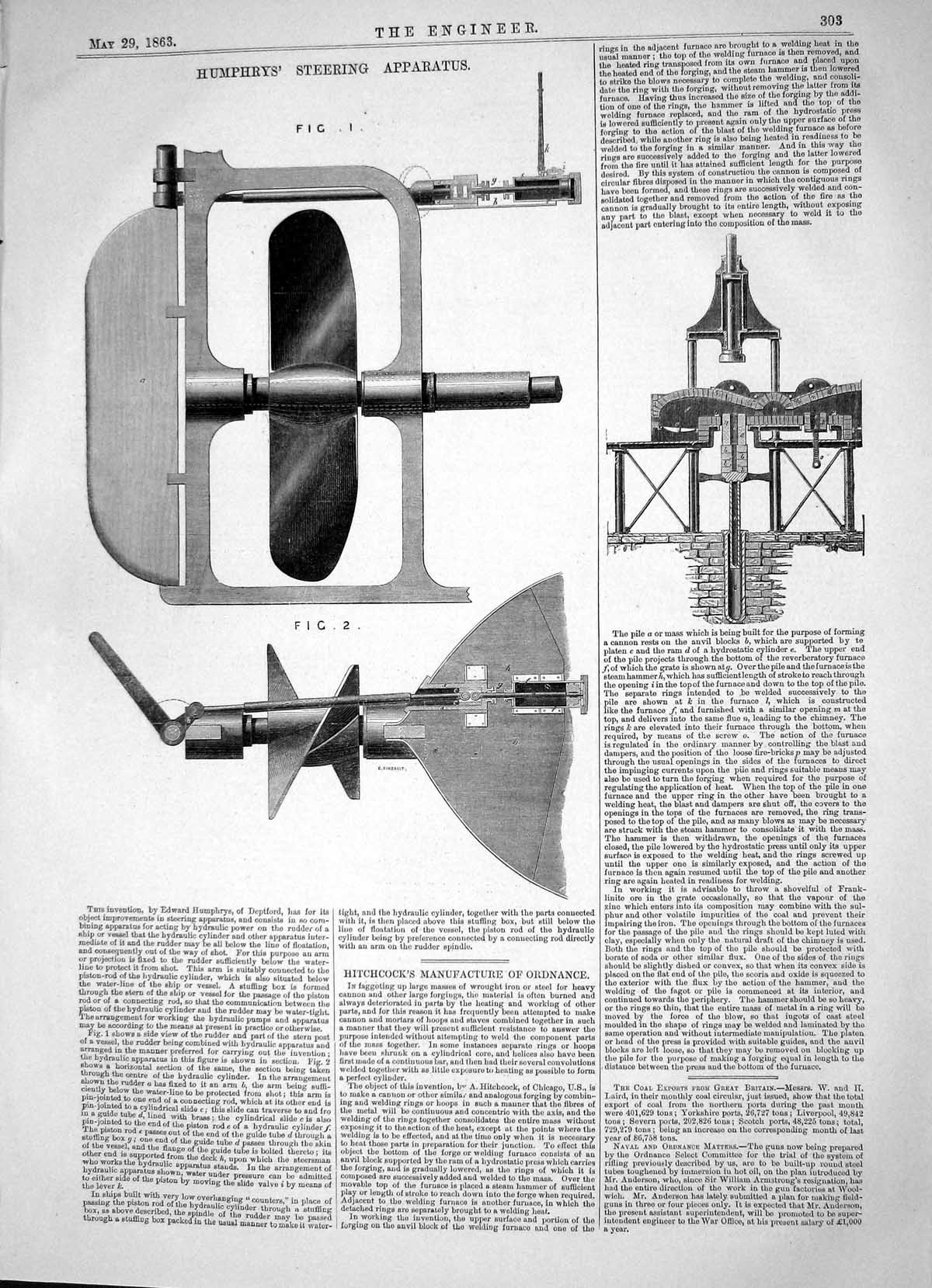 Antique Old Print 1863 Edward Humphrys Steering Apparatus Hitchcock Ordnance