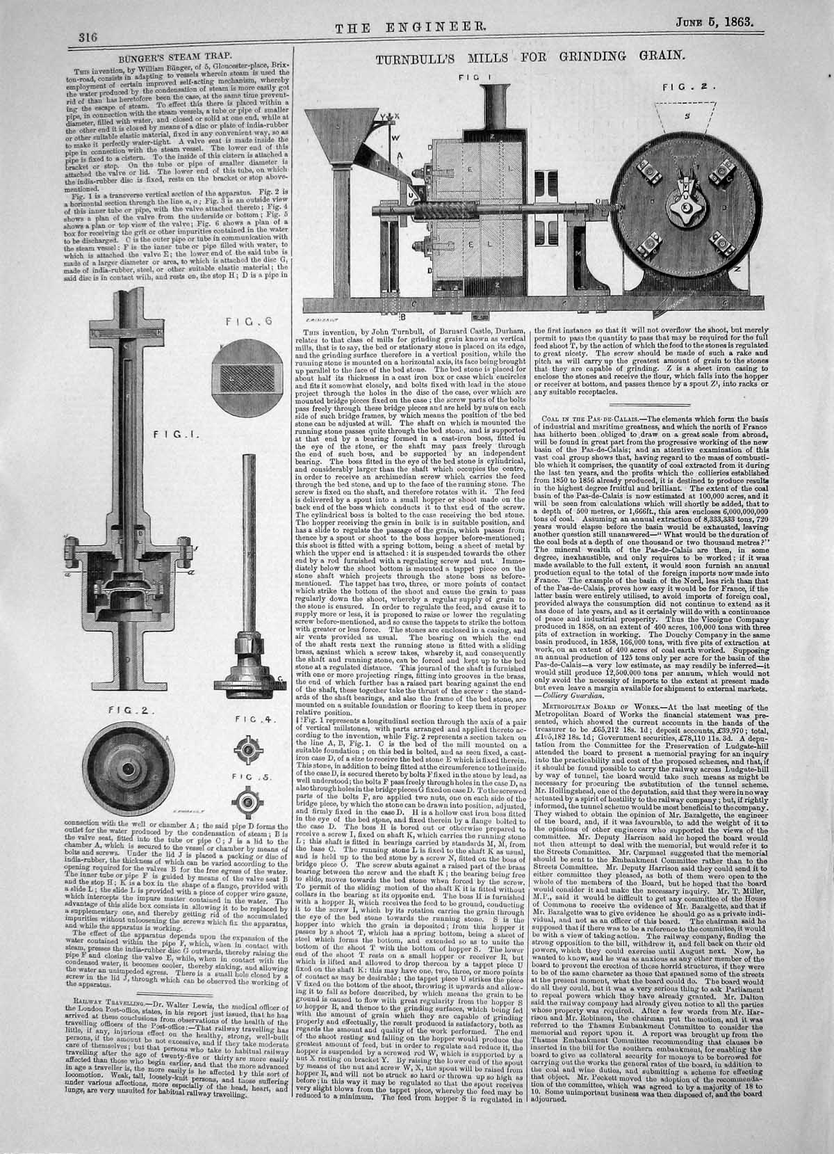 Antique Print 1863 Turnbull Mills Grinding Grain William Bunger Steam Trap 19th
