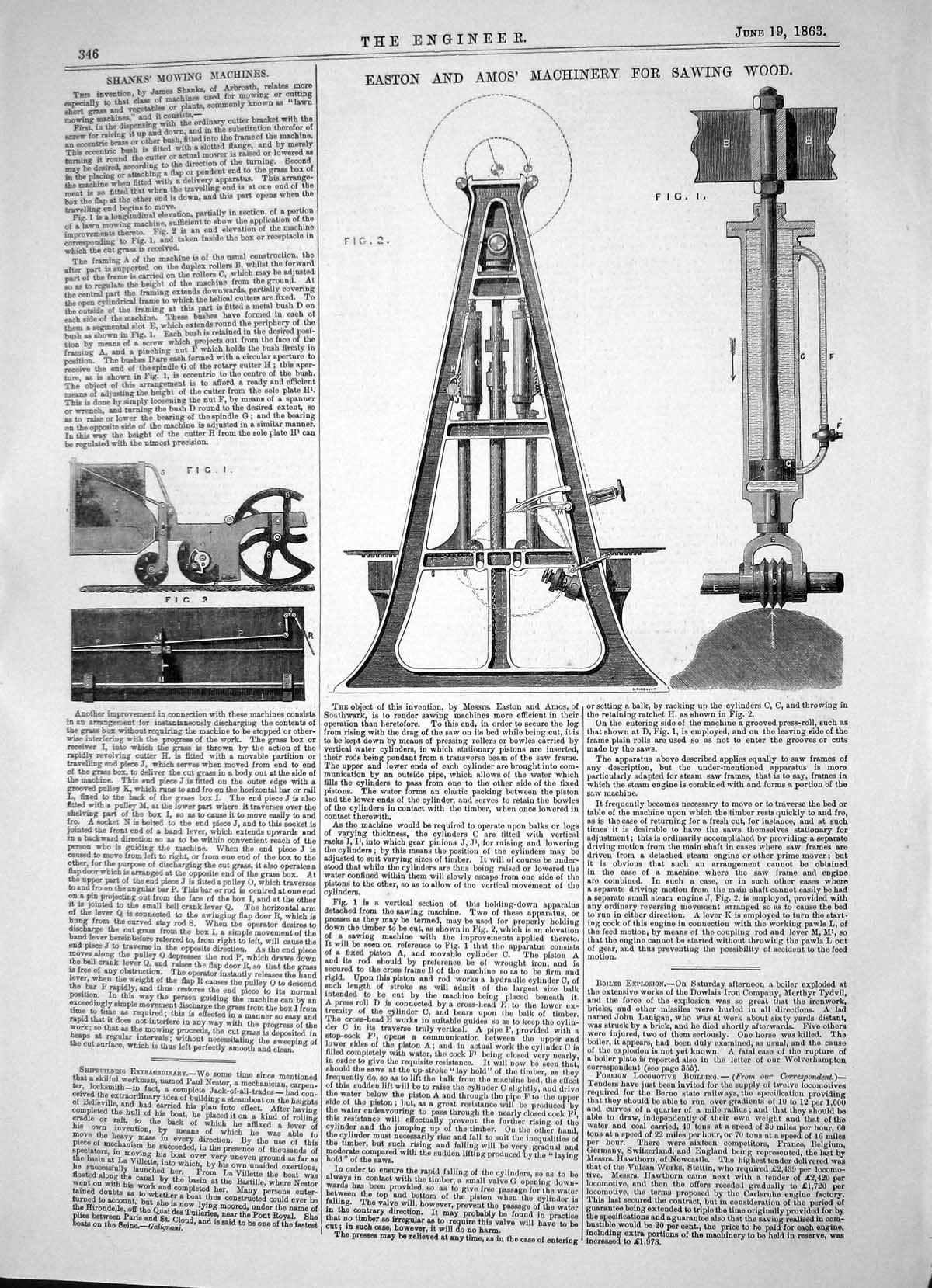 Antique Print Easton Amos Machinery Sawing Wood Shanks Mowing Machines 1863