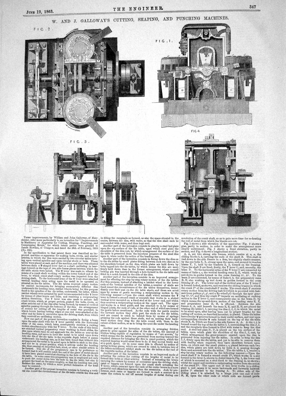 Antique Print 1863 William John Galloway Cutting Shaping Punching Machines 19th