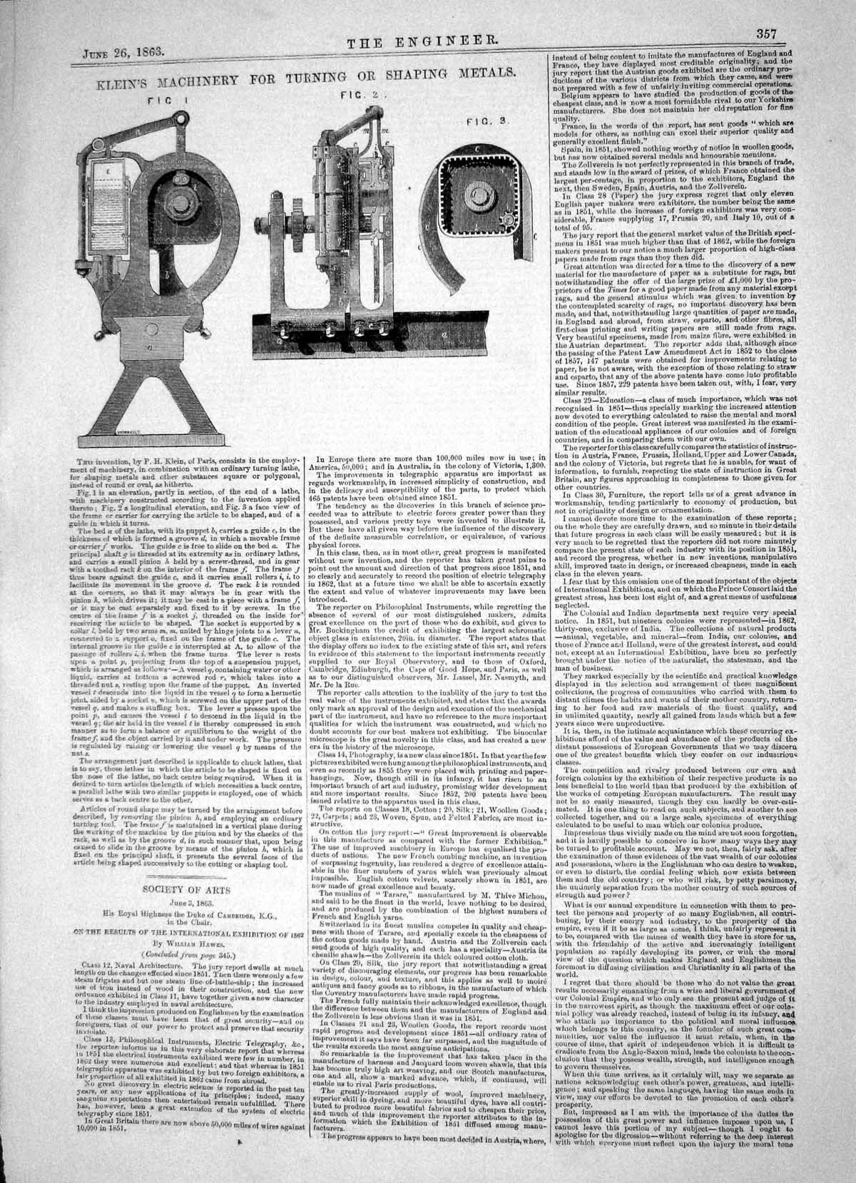 Old Engineering 1863 Klein Invention Machinery Turning Shaping Metals Victorian