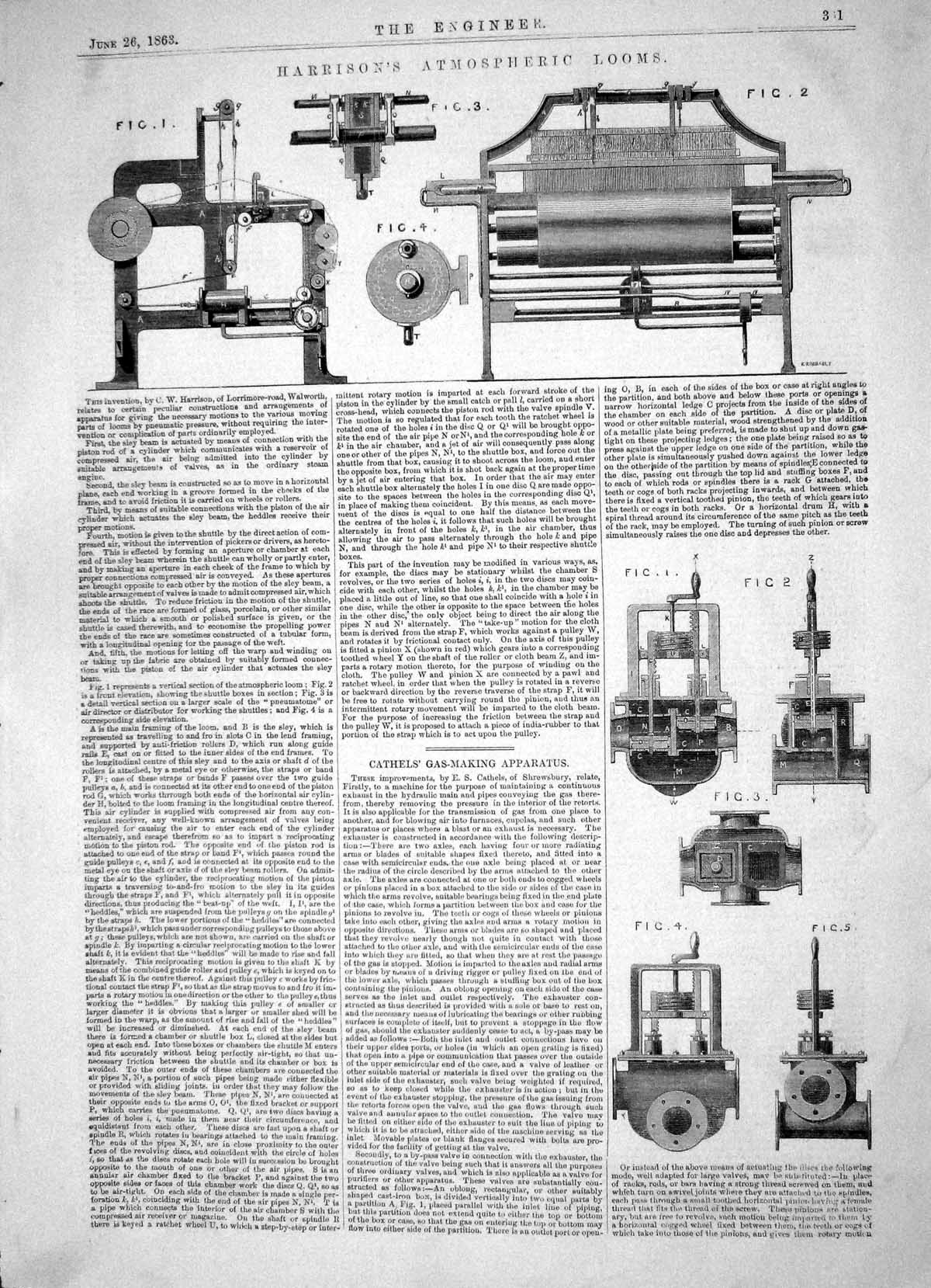 Antique Print 1863 Harrison Armospheric Looms Cathels Gas Making Apparatus 19th