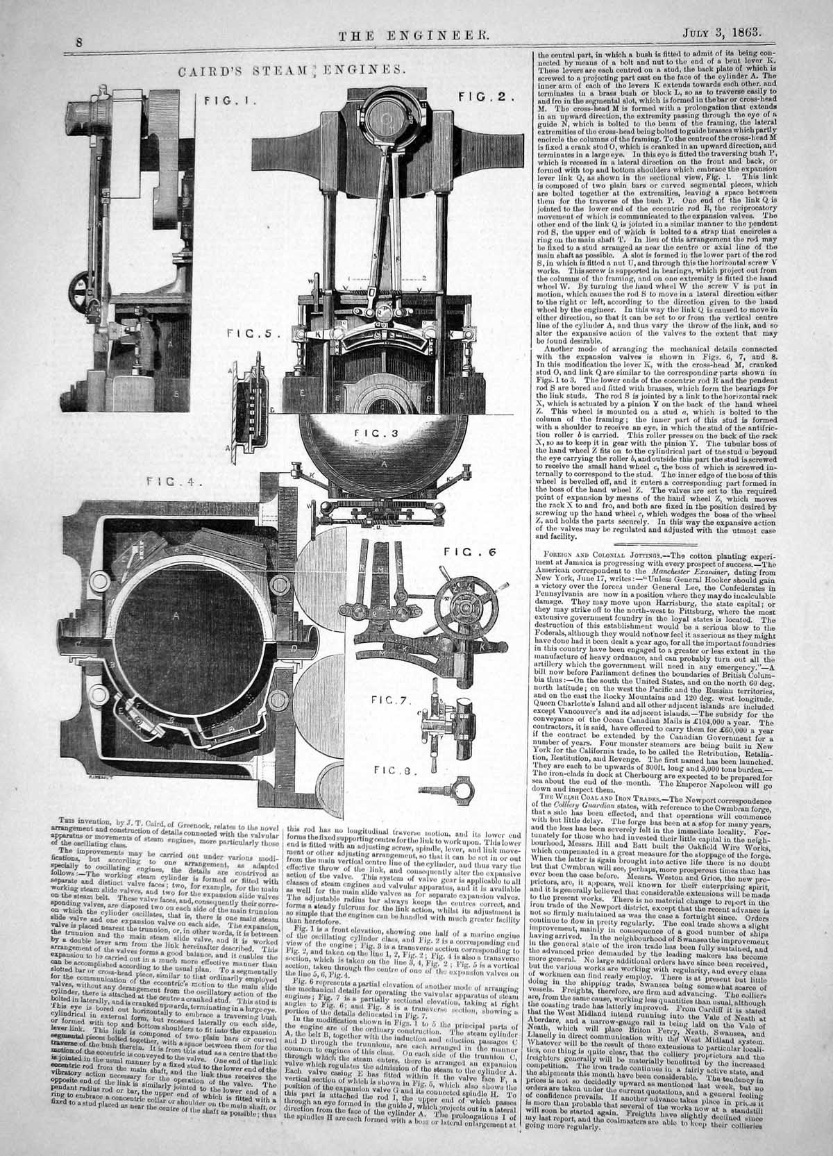 Antique Old Print Engineering 1863 Invention Caird Steam Engines Machinery 19th