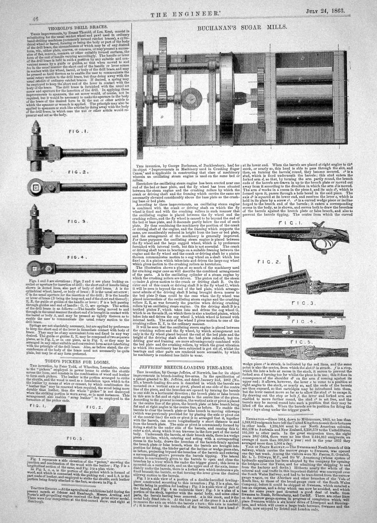 Antique Old Print 1863 Buchanan Sugar Mills ThorDrill Braces Todd Jeffries 19th
