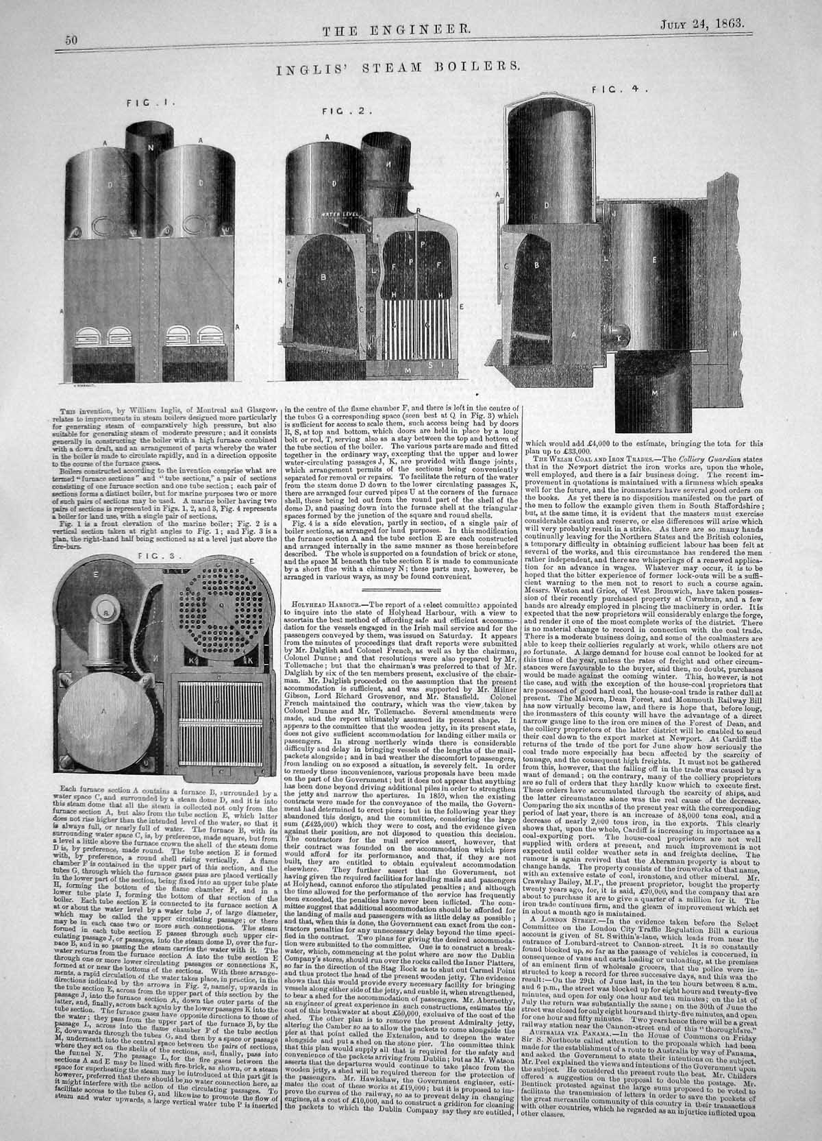 Old Engineering 1863 Invention William Inglis Steam Boilers Machinery Victorian