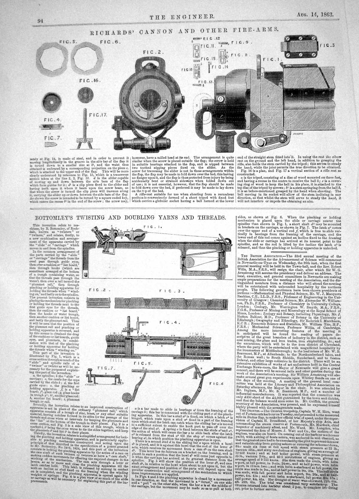 Old Engineering 1863 Richards Cannon Fire-Arms Bottomley Twisting Yar Victorian
