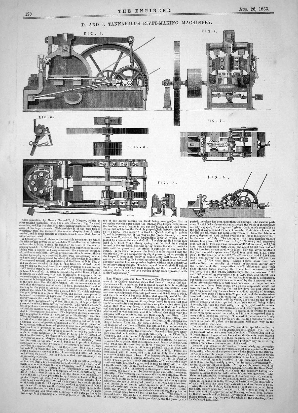 Antique Old Print Engineering 1863 Invention Tannahill Rivet-Making Machinery