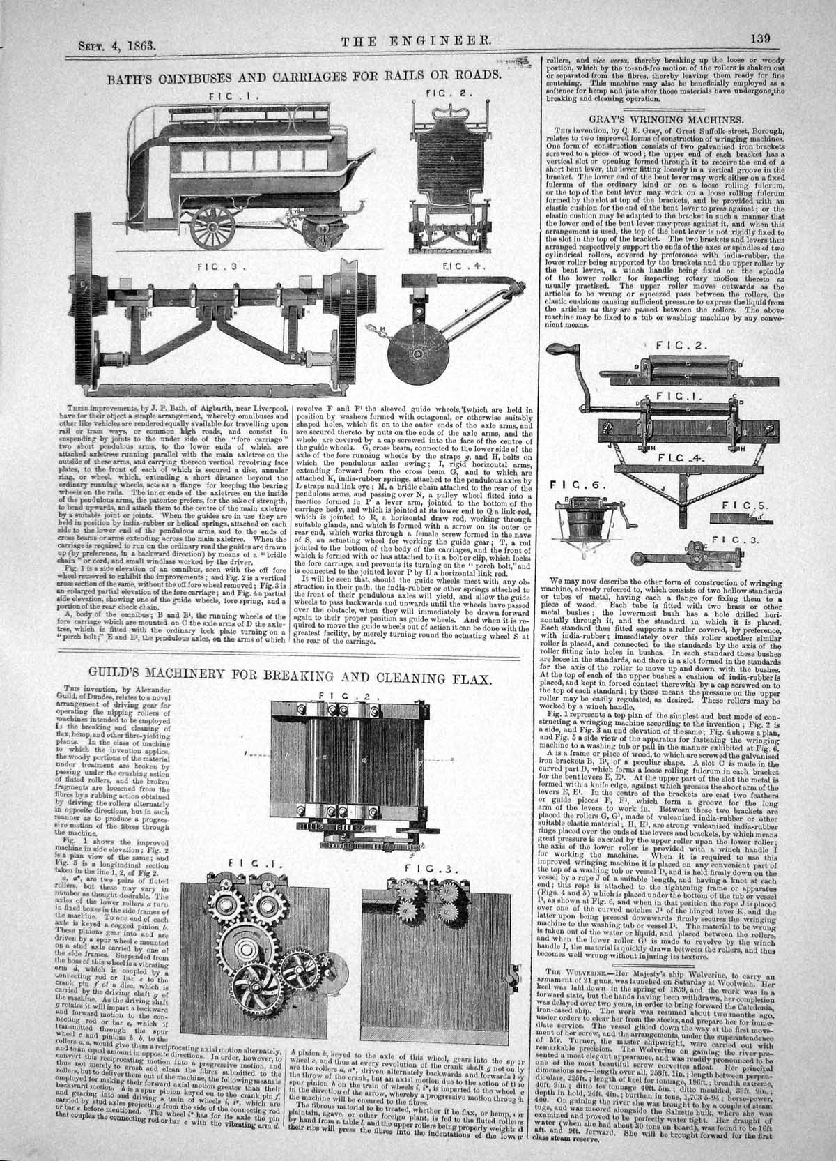 Antique Print 1863 Bath Omnibus Carriage Rails Roads Guilds Machinery Flax 19th
