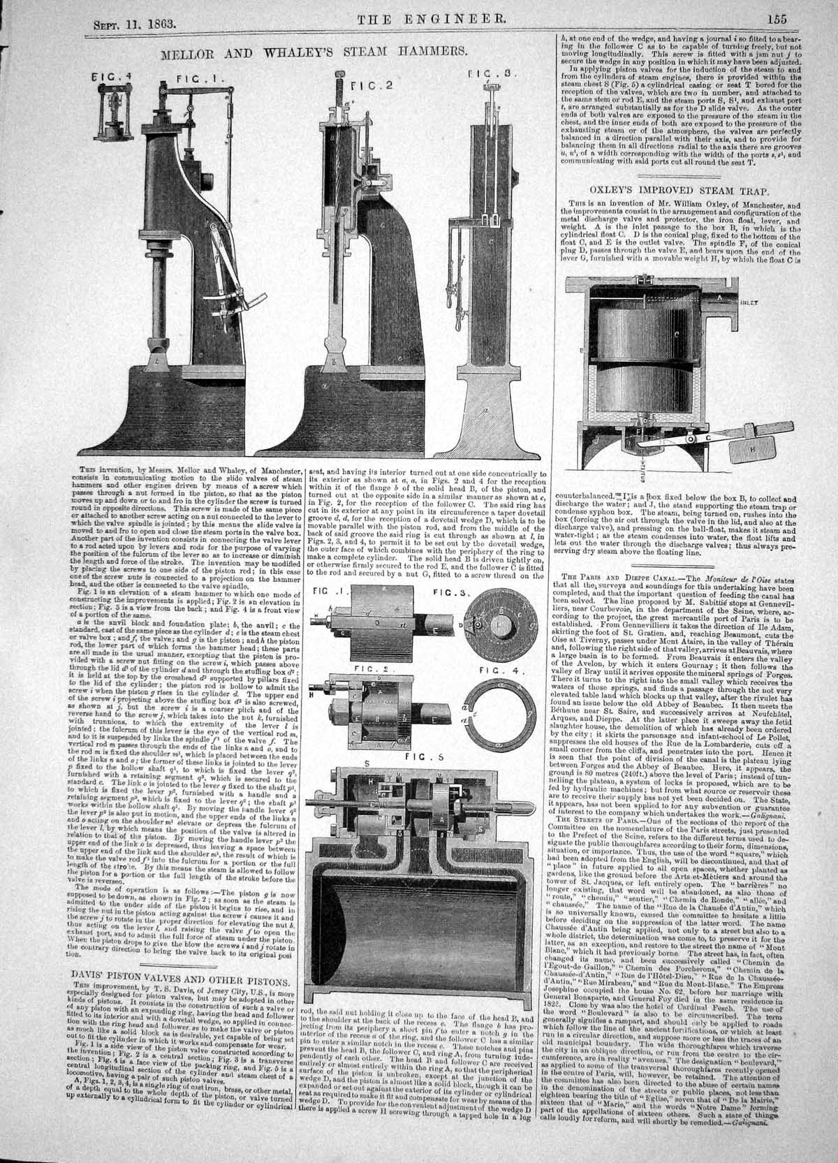 Old Print 1863 Mellor Whaley Steam Hammers Davis Piston Valves Oxley Trap 19th