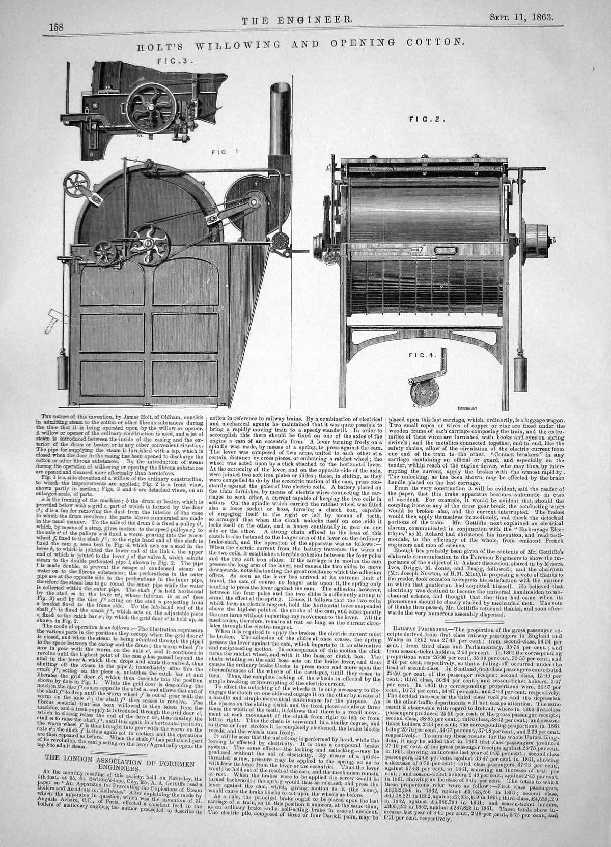 Antique Old Print 1863 Invention John Holt Willowing Opening Cotton Machinery