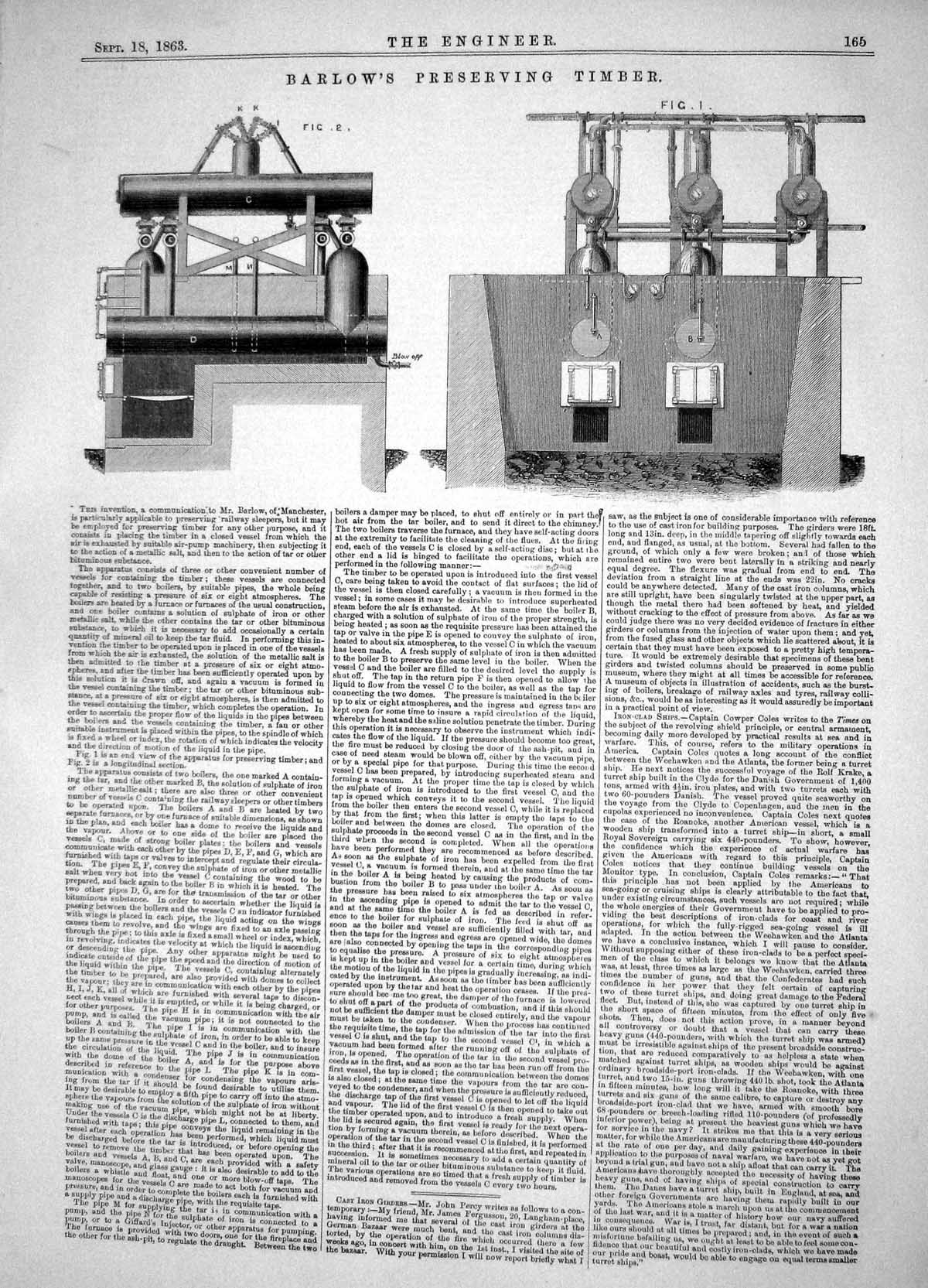 Antique Print Engineering 1863 Invention Barlow Preserving Timber Machinery