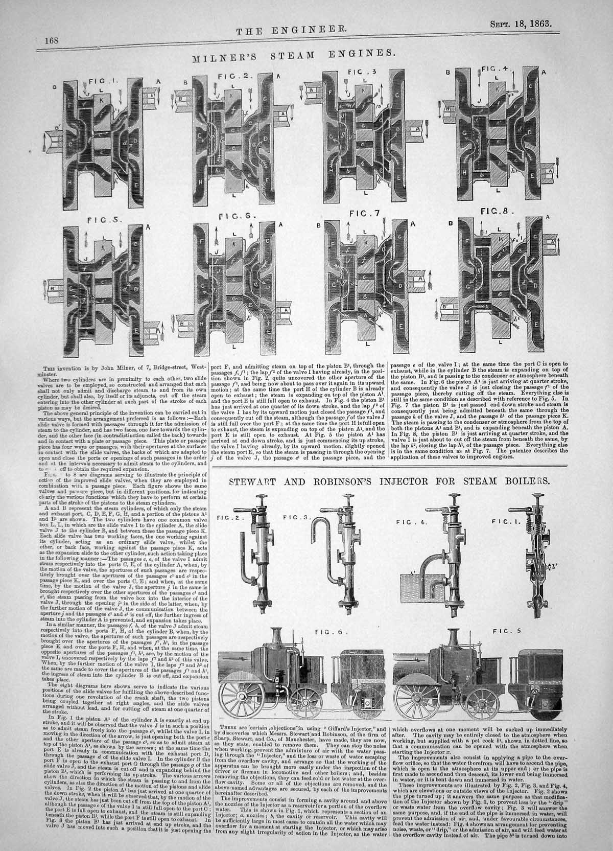 Antique Old Print 1863 Milner Steam Engines Stewart Robinson Injector Boilers