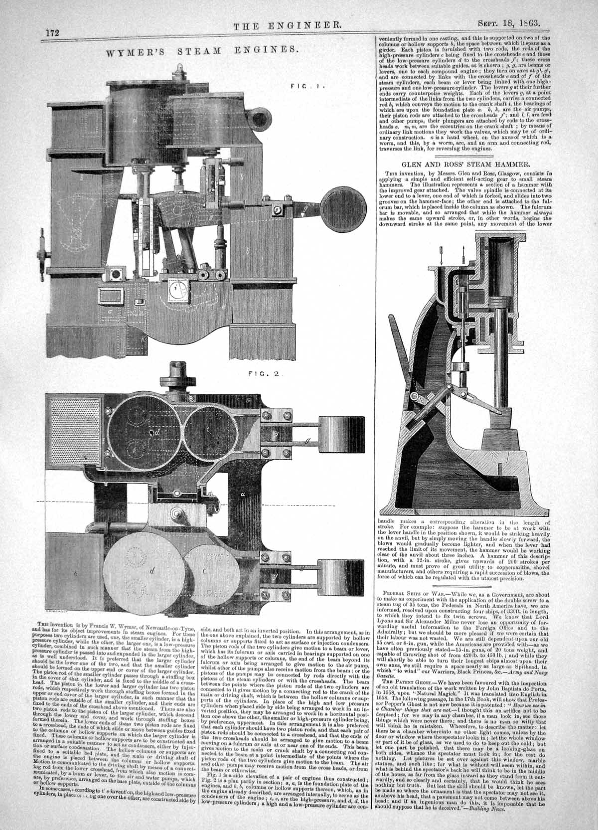 Antique Old Print Invention Francis Wymer Steam Engines Glen Ross Hammer 1863