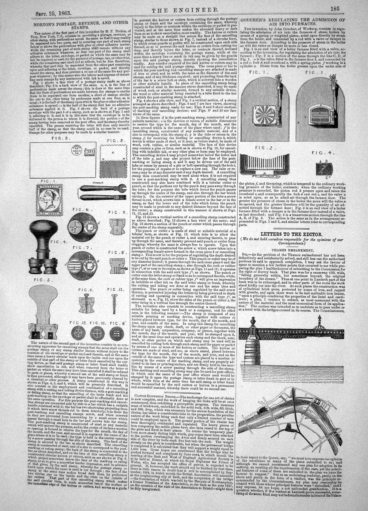 Old Print 1863 Norton Postage Revenue Stamps Goucher Air Furnaces Thames 19th