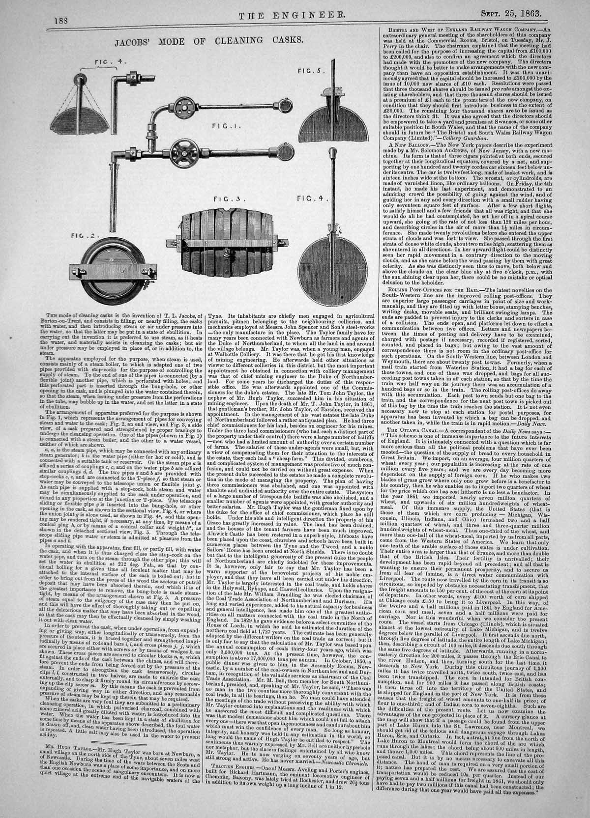 Old Print Engineering 1863 Invention Jacobs Mode Cleaning Casks Apparatus 19th