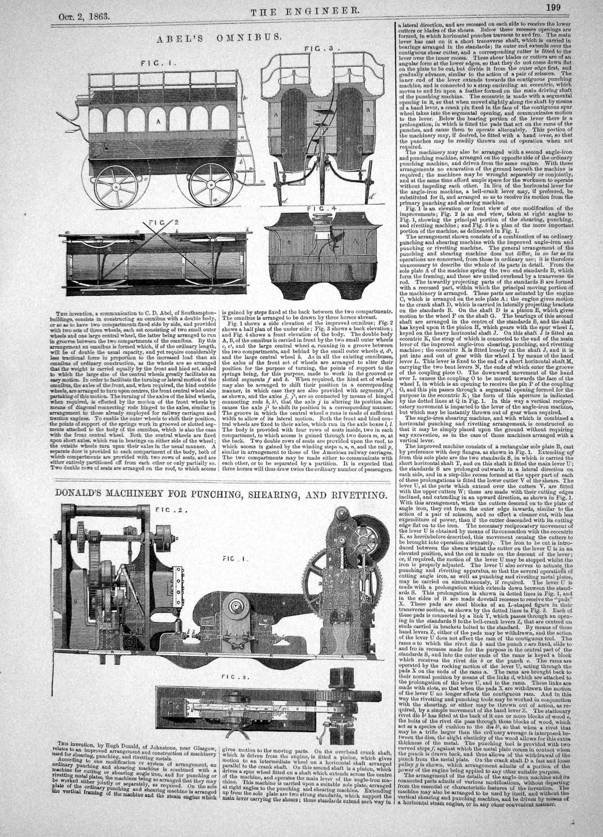 Old Print 1863 Abel Omnibus Donald Machinery Punching Shearing Rivetting 19th