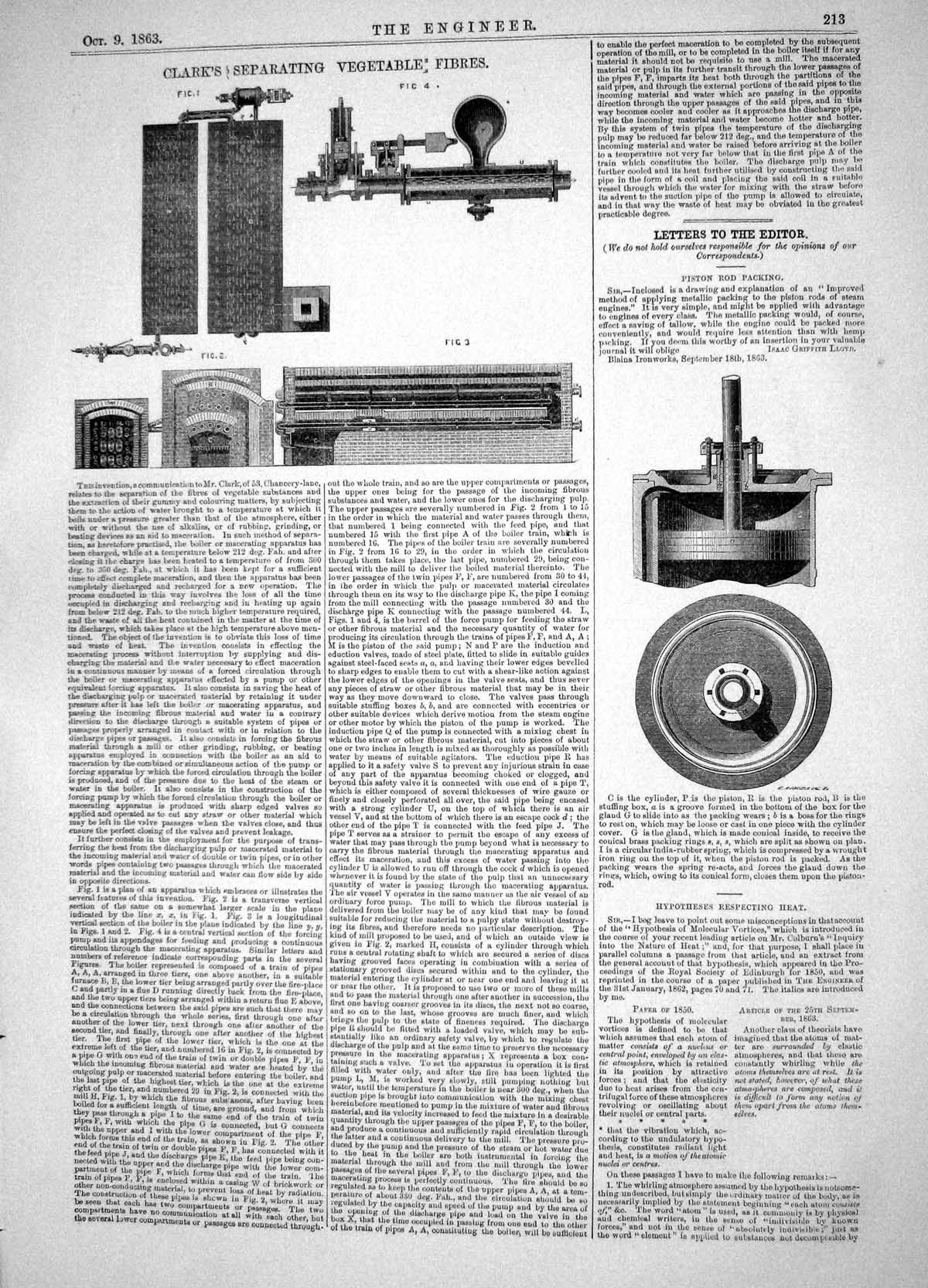 Old Print 1863 Invention Clark Separating Vegetable Fibres Piston Packing 19th