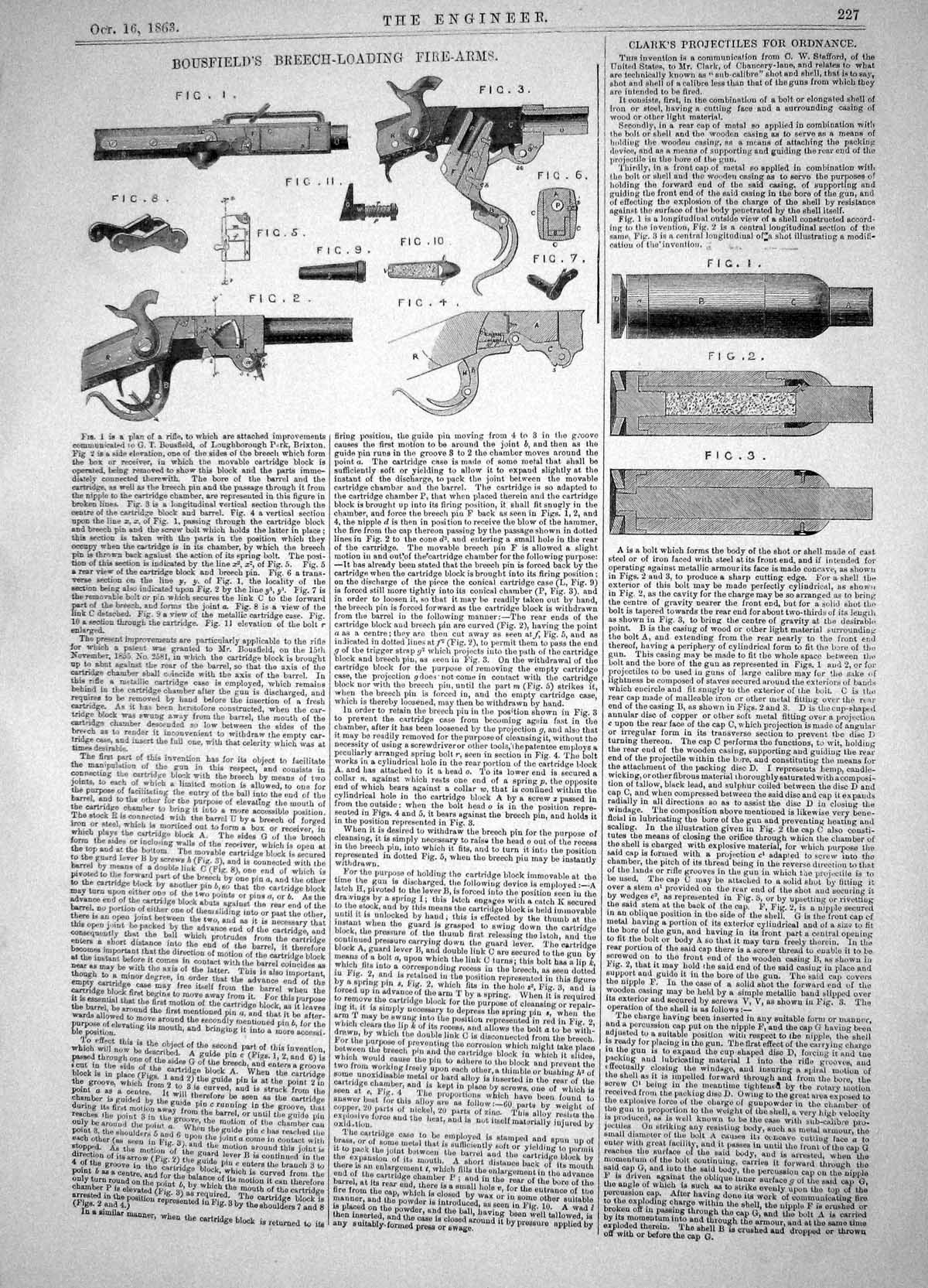 Old Engineering 1863 Bousfield Breech-Loading Fire-Arms Clark Ordnanc Victorian