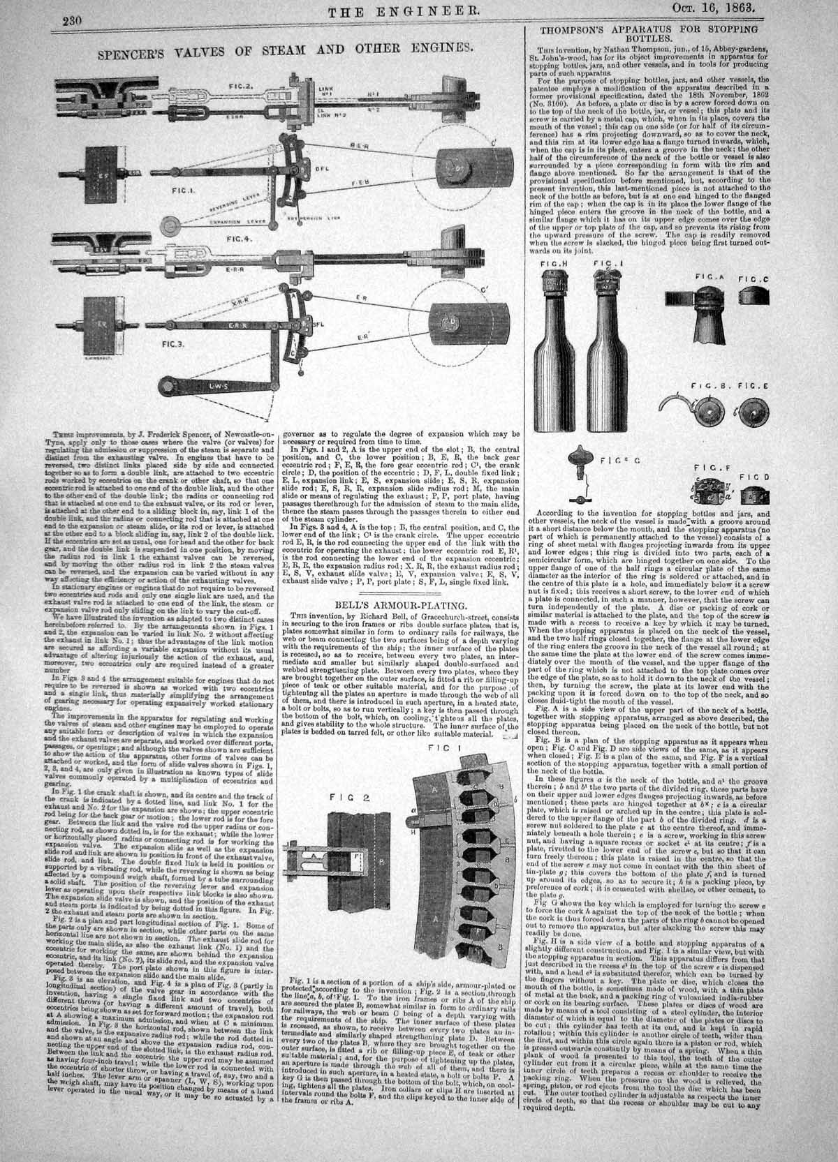 Old Print 1863 Spencer Valves Steam Engines Bell Armour Plating Thompson 19th
