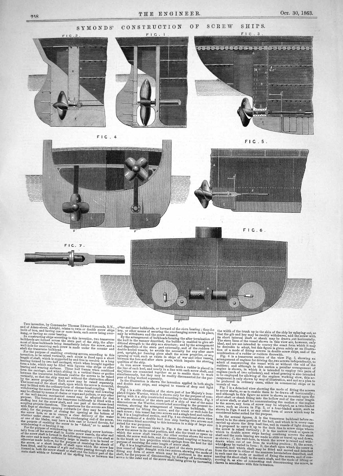 Old Print Engineering 1863 Thomas Edward Symonds Construction Screw Ships 19th