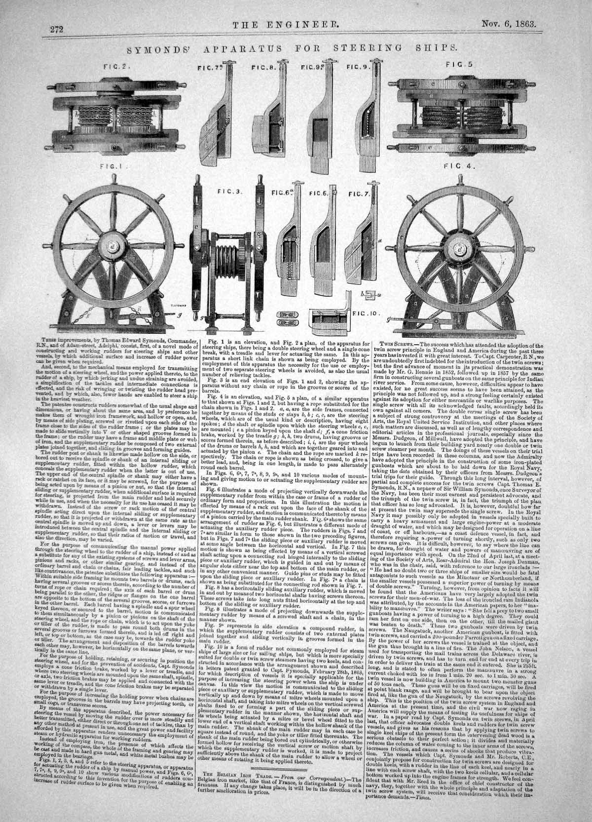 Old Print Engineering 1863 Thomas Edward Symonds Apparatus Steering Ships 19th
