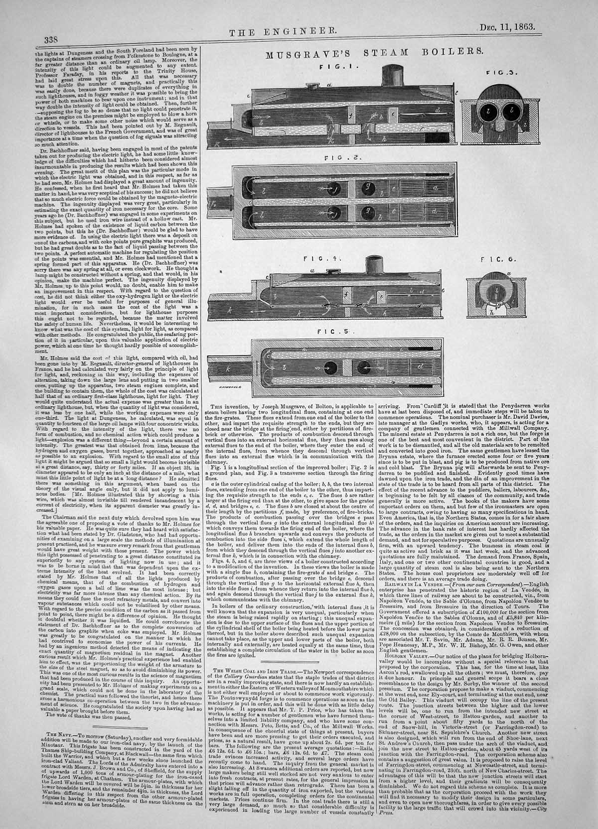 Antique Old Print Engineering 1863 Invention Joseph Musgrave Steam Boilers 19th