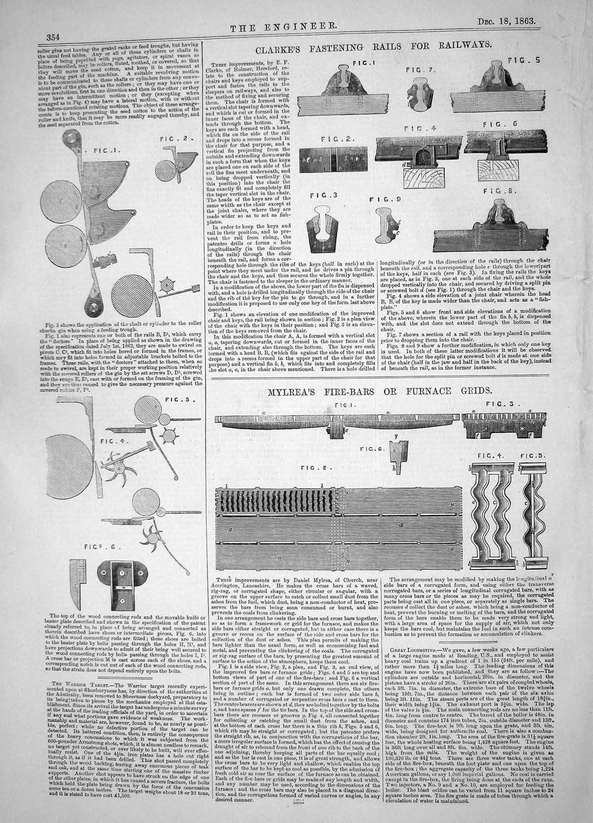 Antique Print 1863 Clarke Fastening Rails Railways Mylrea Fire-Bars Furnace
