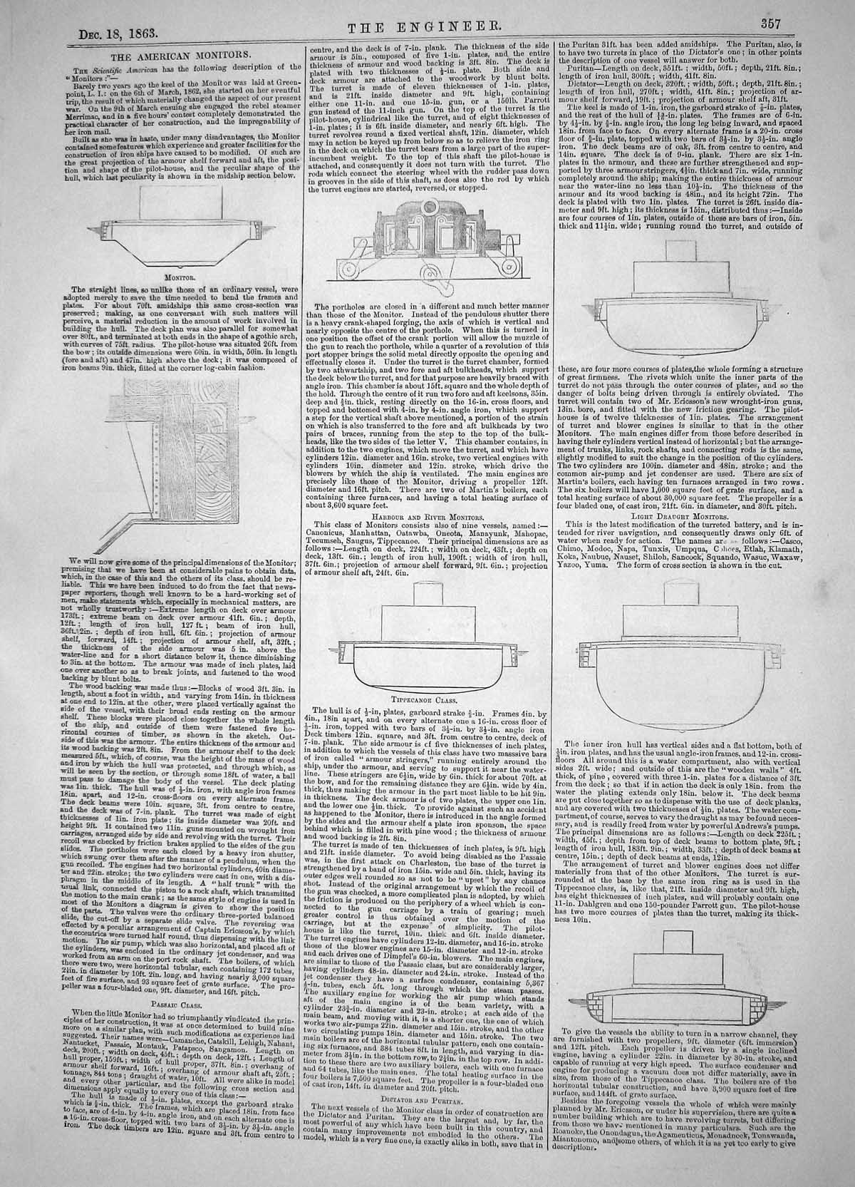 Antique Old Print 1863 American Monitors Ships Mccarther Sawing Cutting Wood