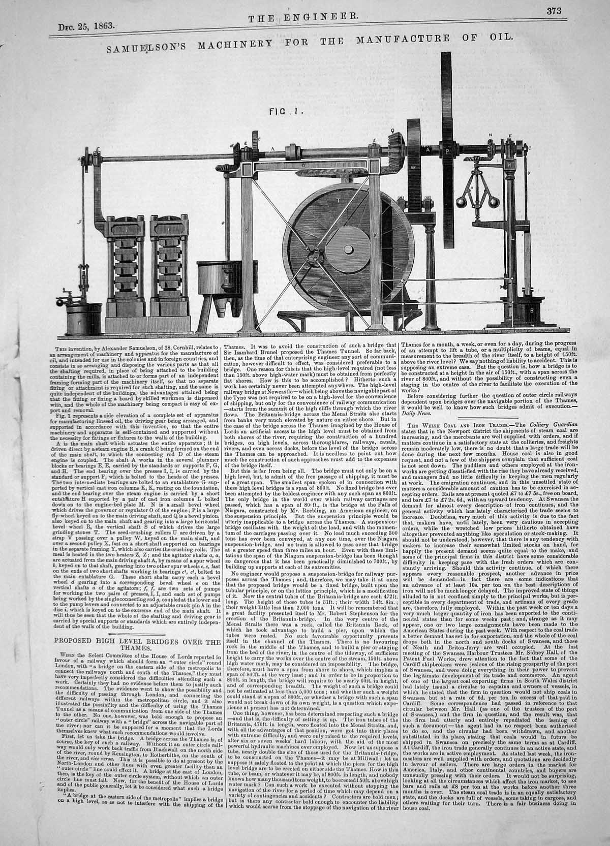 Old Print Engineering 1863 Invention Samuelson Machinery Manufacture Oil 19th