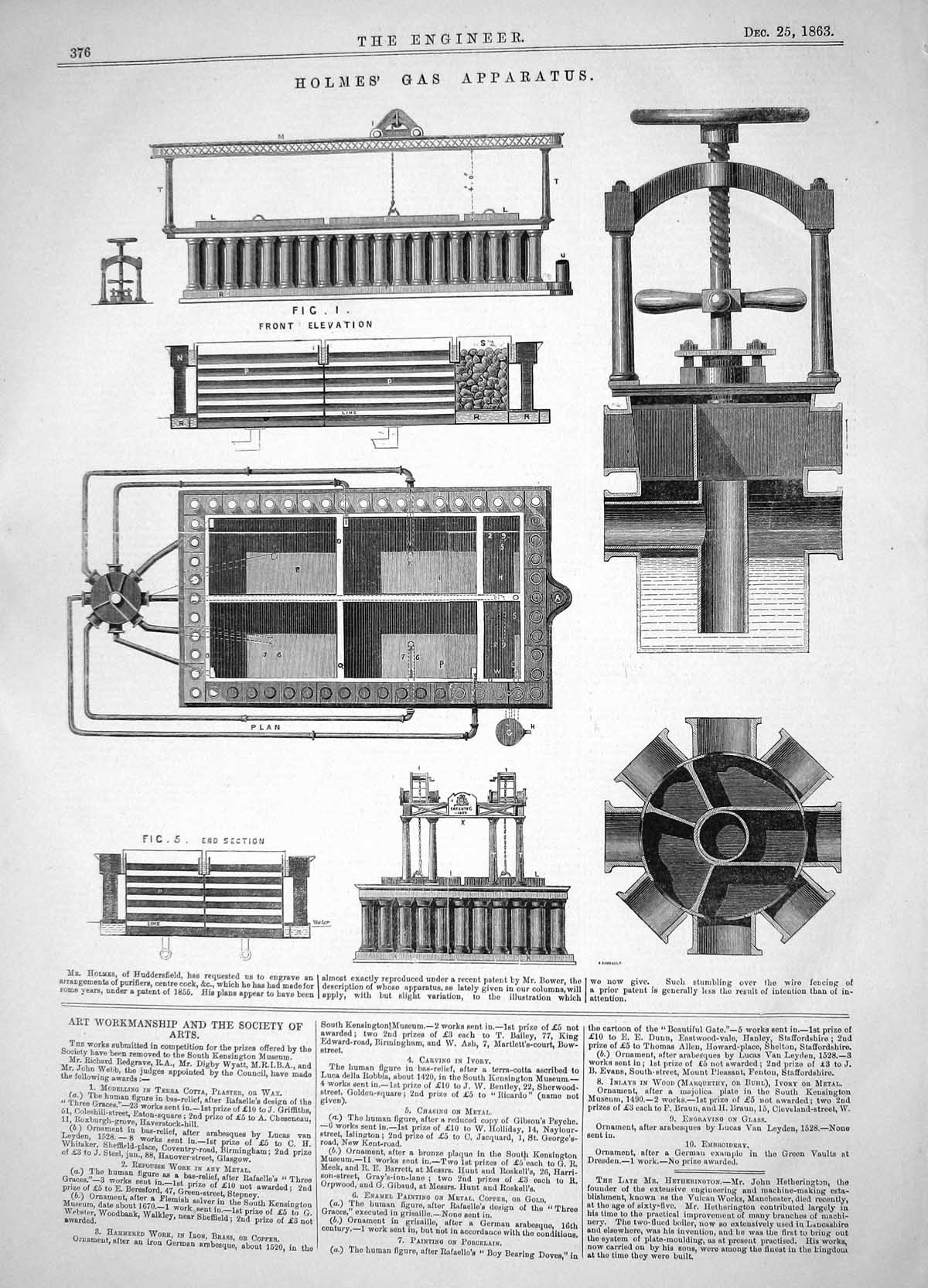 Antique Print Engineering 1863 Holmes Huddersfield Gas Apparatus Machinery 19th
