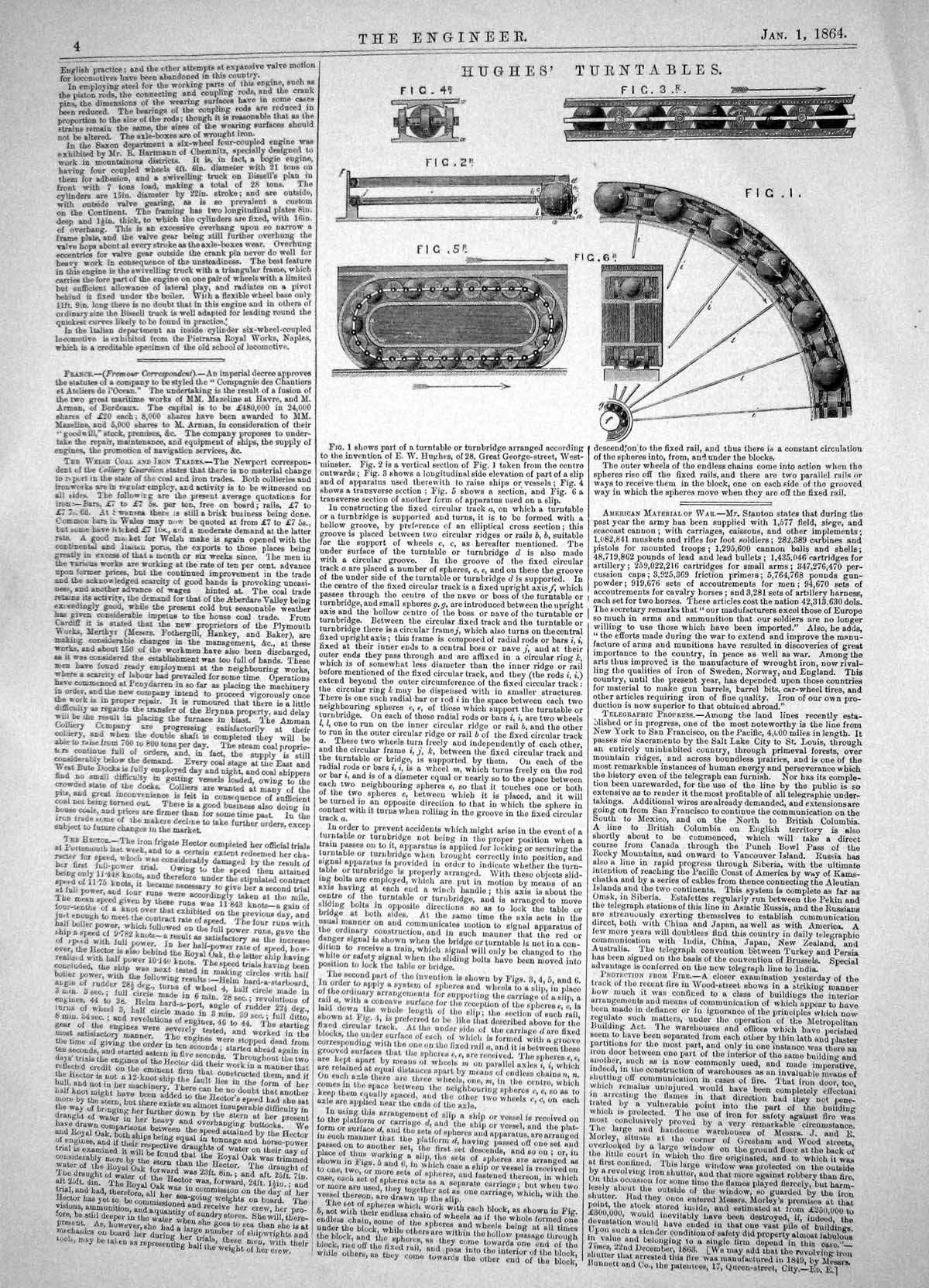 Antique Old Print Engineering 1864 Hughes Turntables Apparatus Westminster 19th
