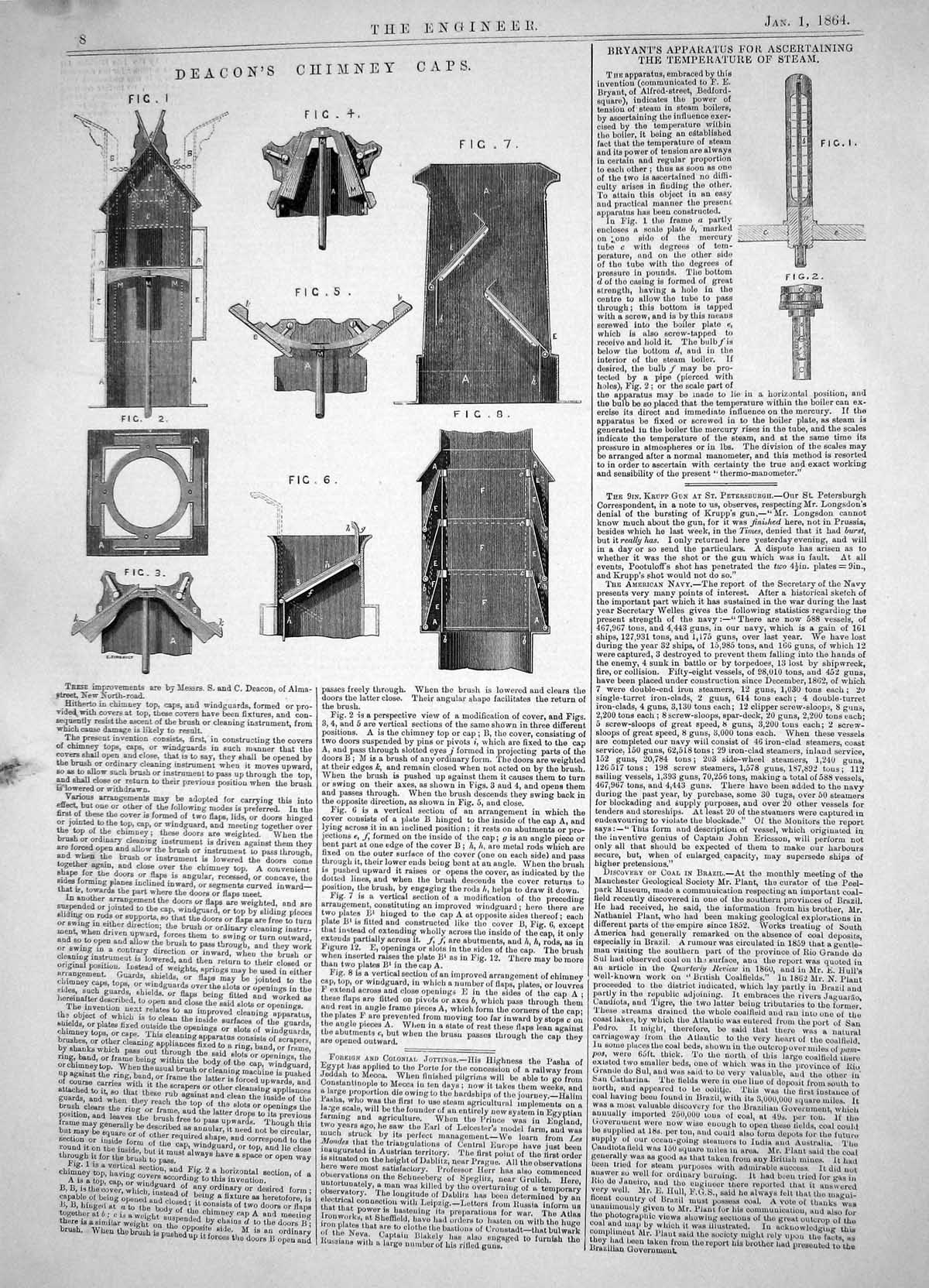 Antique Old Print 1864 Deacon Chimney Caps Bryant Apparatus Temperature Steam
