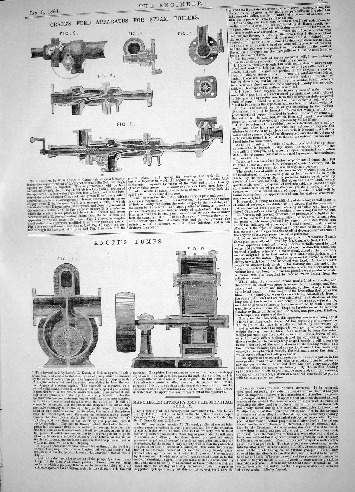Antique Print 1864 Craig Feed Apparatus Steam Boilers Knott Pumps Machinery